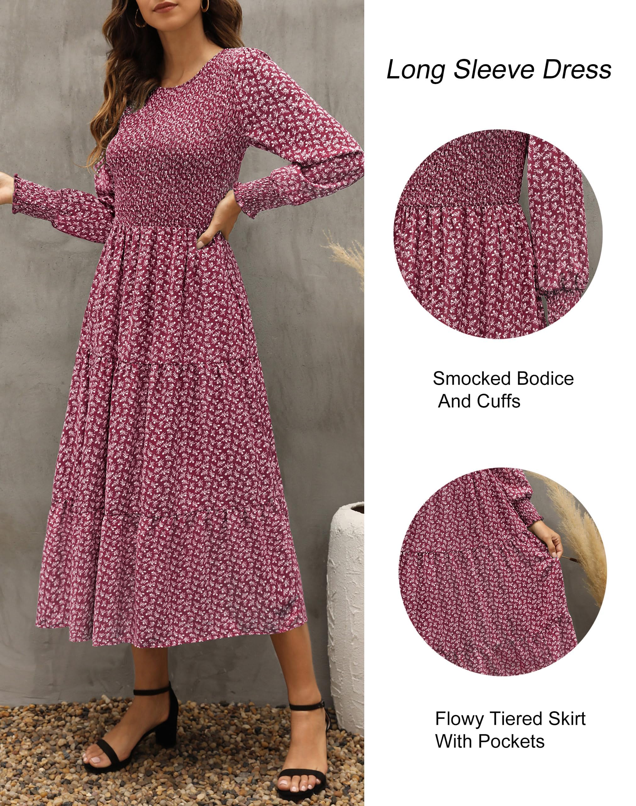 Zattcas Women's 2025 Fall Casual Long Sleeve Boho Floral Midi Dress with Pockets - Smocked Waist Tiered Wedding Guest Dress for Autumn Parties, Date Nights & Special Occasions