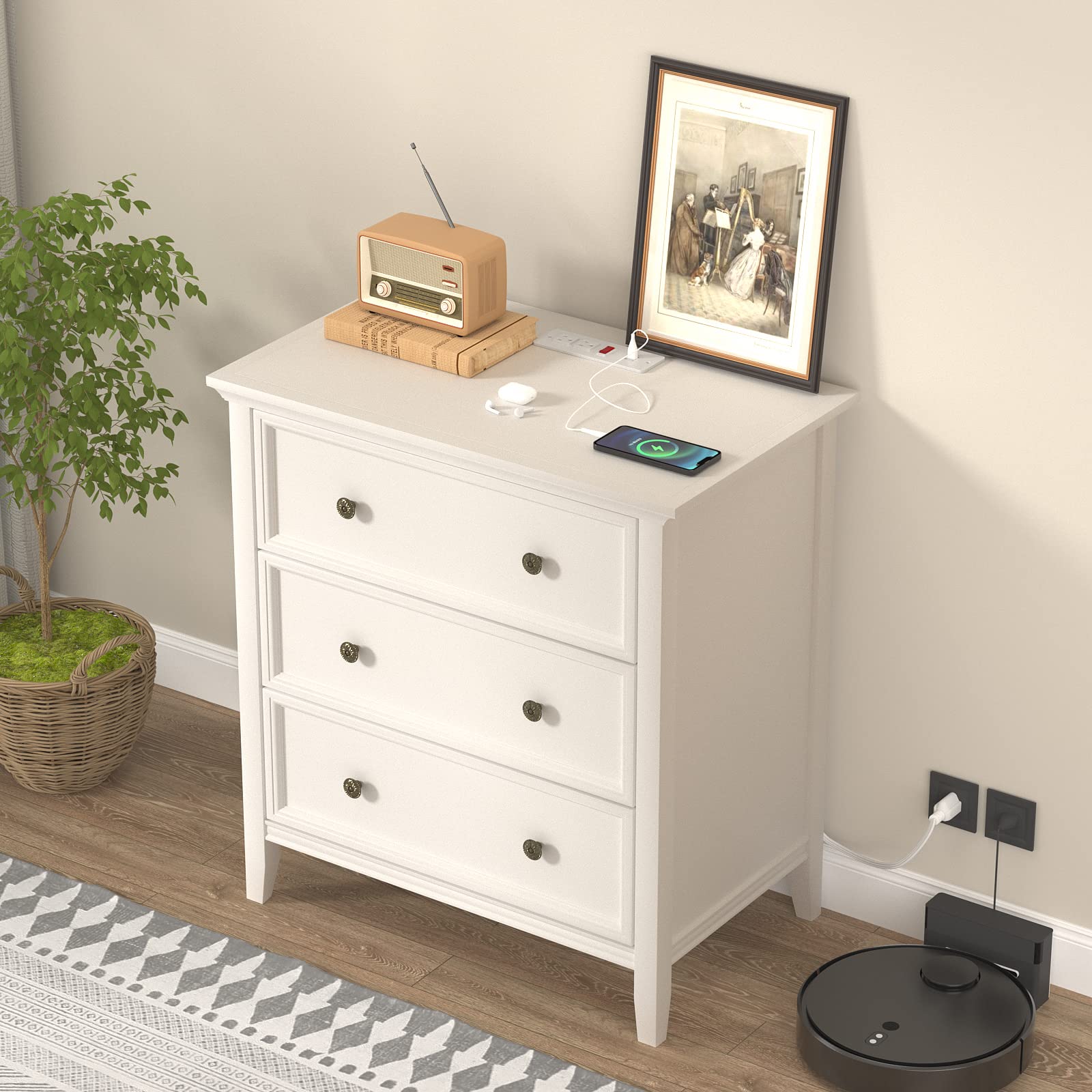 IKENO White Nightstand with 3 Drawers & USB Charging Station - Solid Wood Bedside Table with Storage Organizer for Bedroom, Living Room, or Office