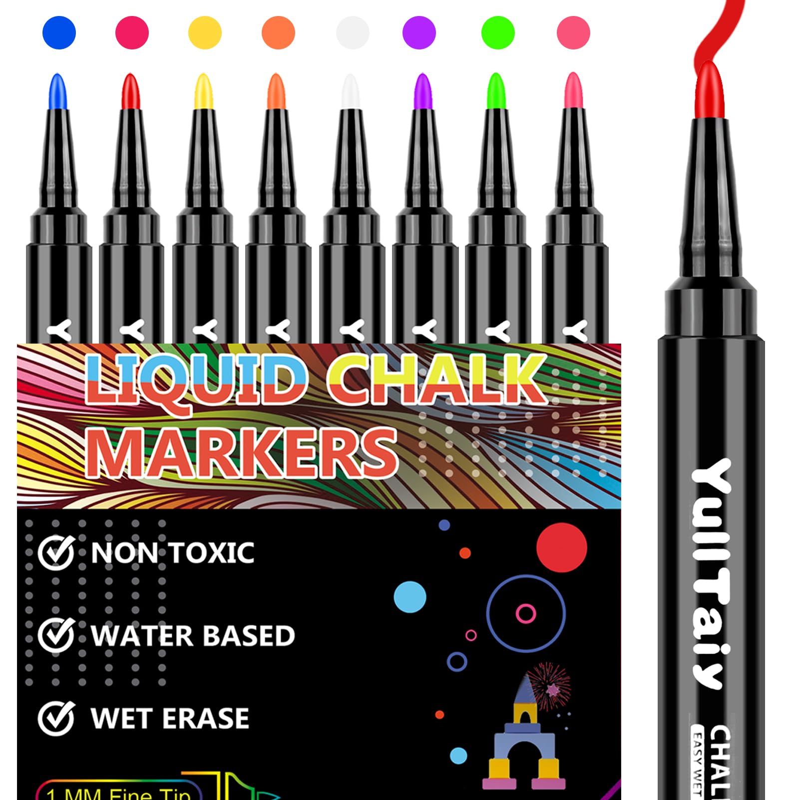 Premium Chalk Markers for Blackboard - Fine Tip Wet Erase Liquid Chalk Pens for School, Windows, Glass & Mirrors (8 Vibrant Colors) - Perfect for First/Last Day Signs, Classroom Decor & Retail Displays