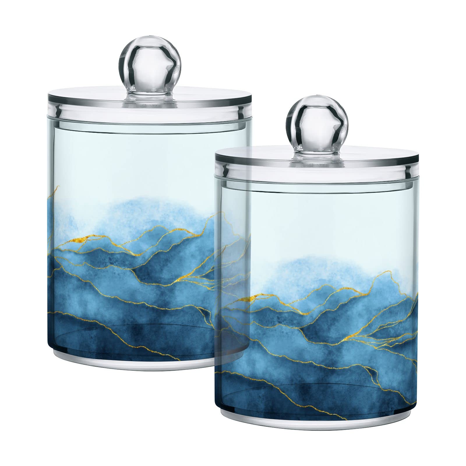 2 Pack Blue Watercolor Marble Q-Tip Holder Organizer - Bathroom Storage Canister for Cotton Swabs, Pads & Dental Floss | Stylish Countertop Dispenser for Vanity, Makeup Table & Spa Decor
