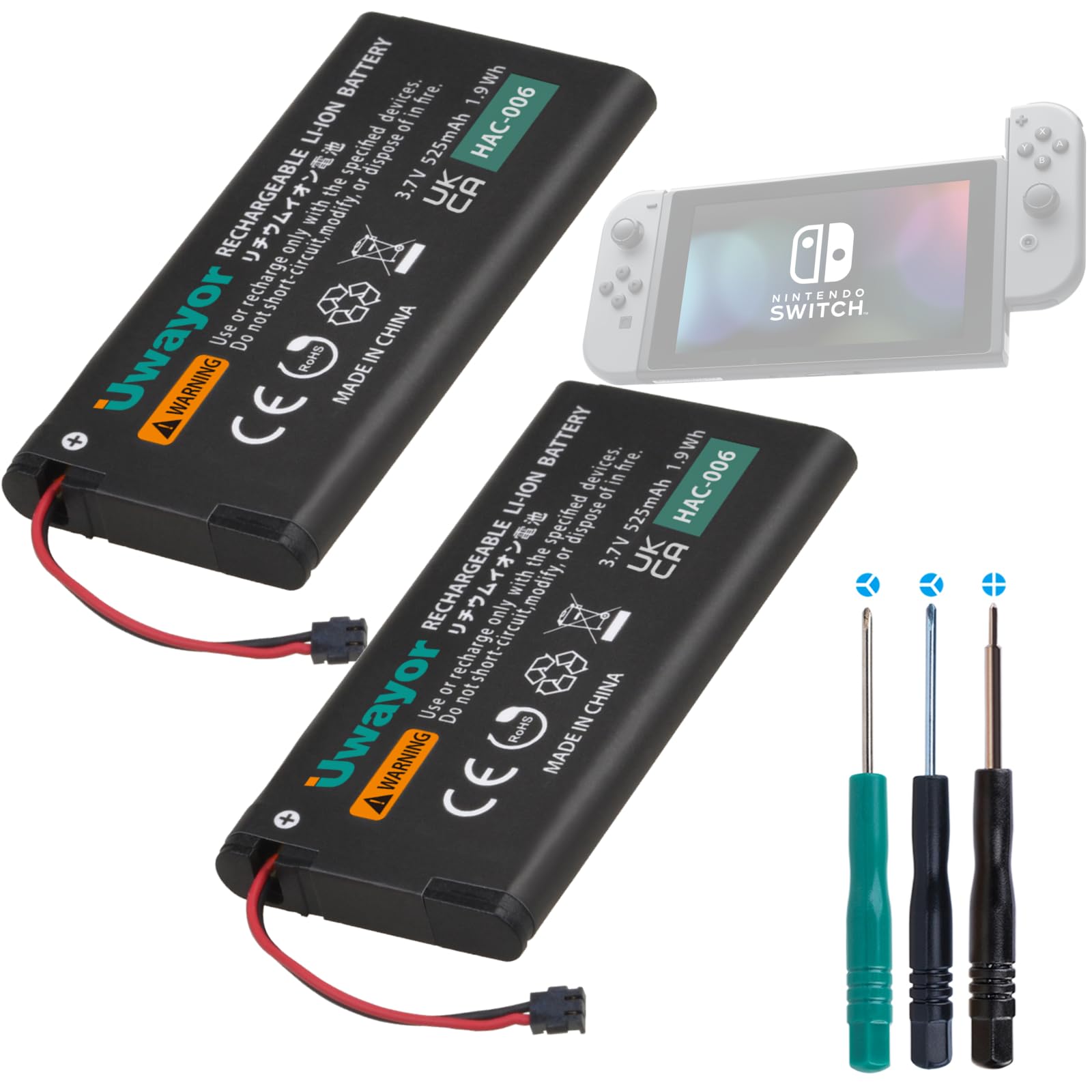 Uwayor Replacement Battery for Nintendo Switch Joy-Con Controller HAC-006 HAC-015 HAC-016 with 2-Piece Tool Kit - Compatible with HAC-A-JCL-C0 & HAC-A-JCR-C0 - Perfect for Gaming, Travel, and Long Play Sessions