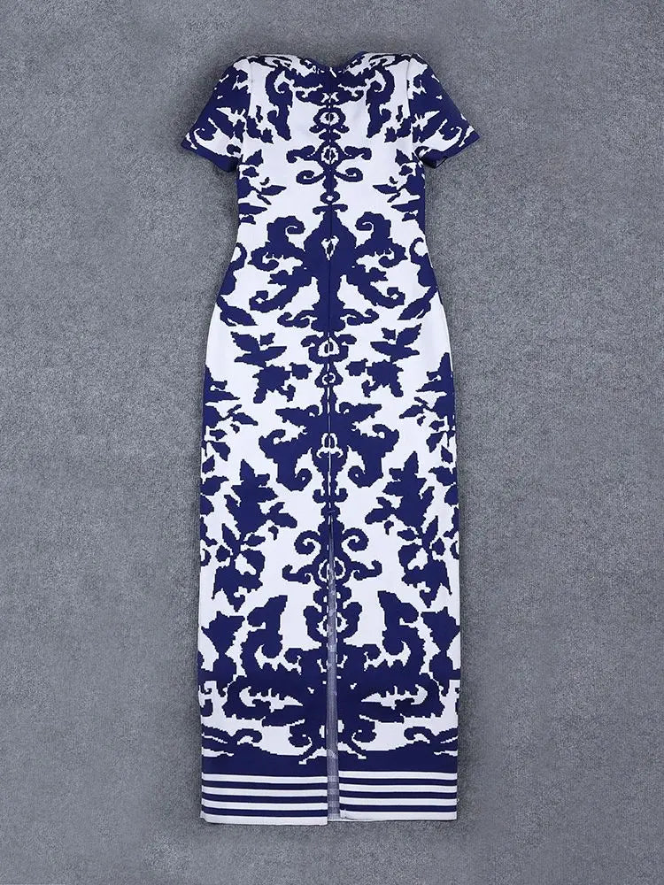 Elegant Blue and White Porcelain Print Women's Sexy Bandage Dress - Short Sleeve Tight Bodycon Party Dress for Celebrity Events, Night Out, Club Wear & Special Occasions