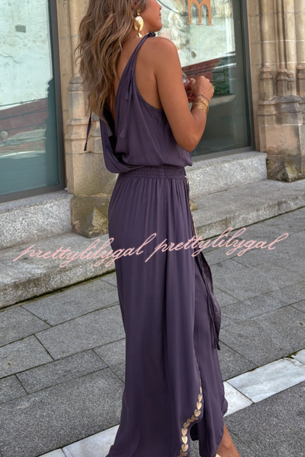 Tamia Gold Trim Elastic Waist Slit Wide Leg Slip Jumpsuit for Women - Comfortable & Stylish Lounge & Evening Wear - Perfect for Parties, Date Nights & Special Occasions