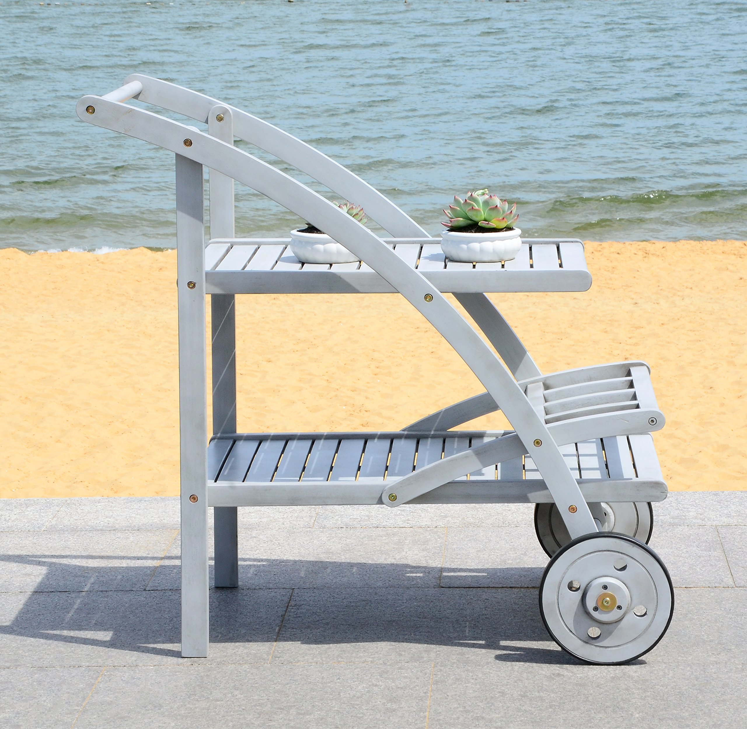 SAFAVIEH Outdoor Collection Lodi Tea Cart - Grey Wash Finish | Rustic Wooden Serving Cart with Wheels | Perfect for Patio, Garden & Indoor Decor
