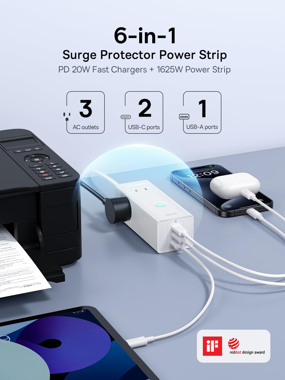 Baseus Power Strip Surge Protector 1200J with PD20W USB C - 3 AC Outlets & 3 USB Ports Fast Charging Station | Extension Cord for Home Office Dorm Room | Perfect for Charging Laptops, Phones & Tablets Simultaneously