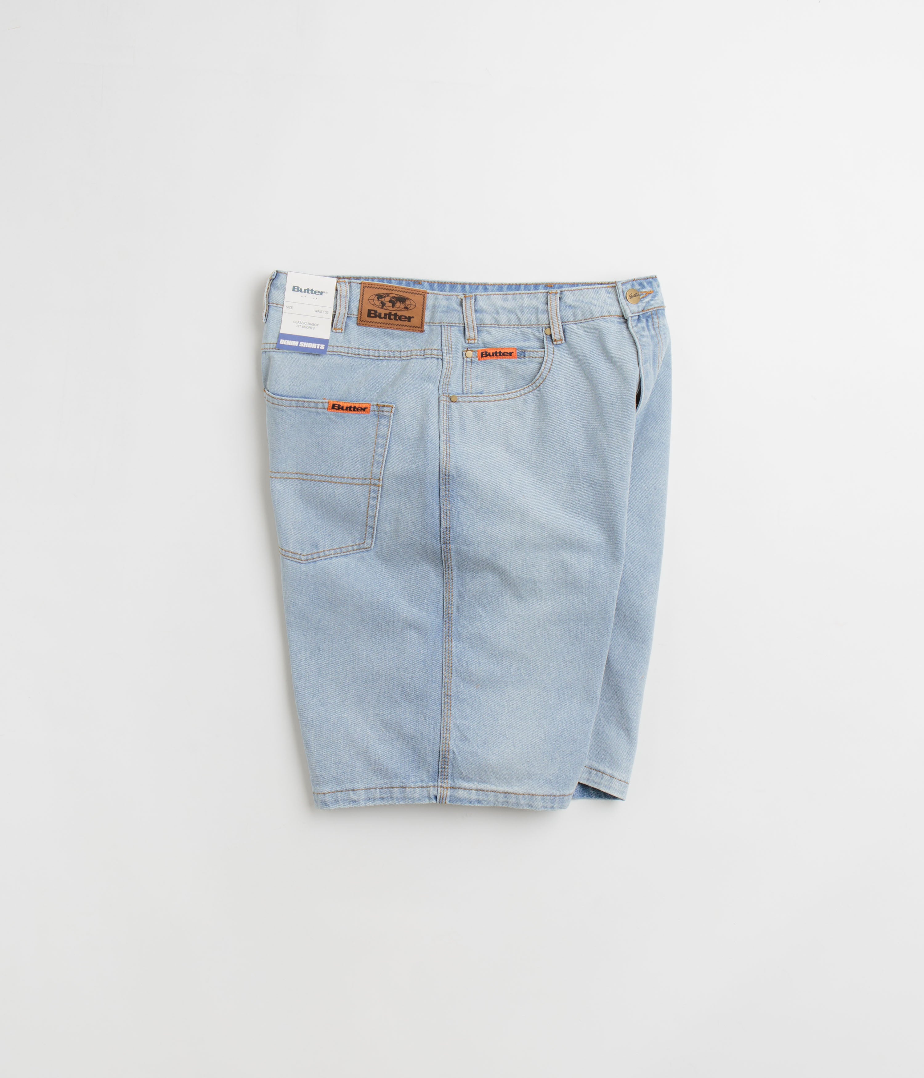 Butter Goods Baggy Denim Shorts for Men - Light Blue Washed Distressed Denim Shorts | Casual Streetwear, Summer Outfits, Beach Style