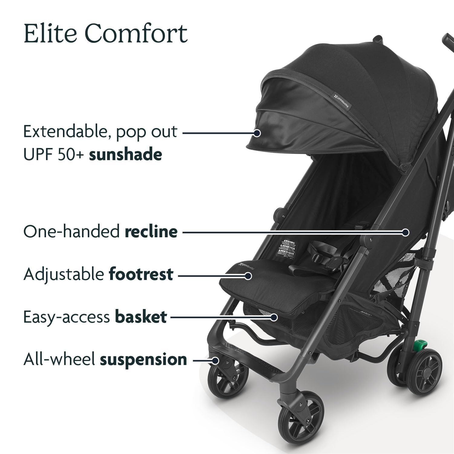 UPPAbaby G-Luxe Lightweight Umbrella Stroller - Compact Travel Stroller with One-Hand Fold, Adjustable Recline & XL Storage Basket - Includes Sun Canopy & Cup Holder - Perfect for Air Travel, Shopping & City Walks (Charcoal/Carbon)