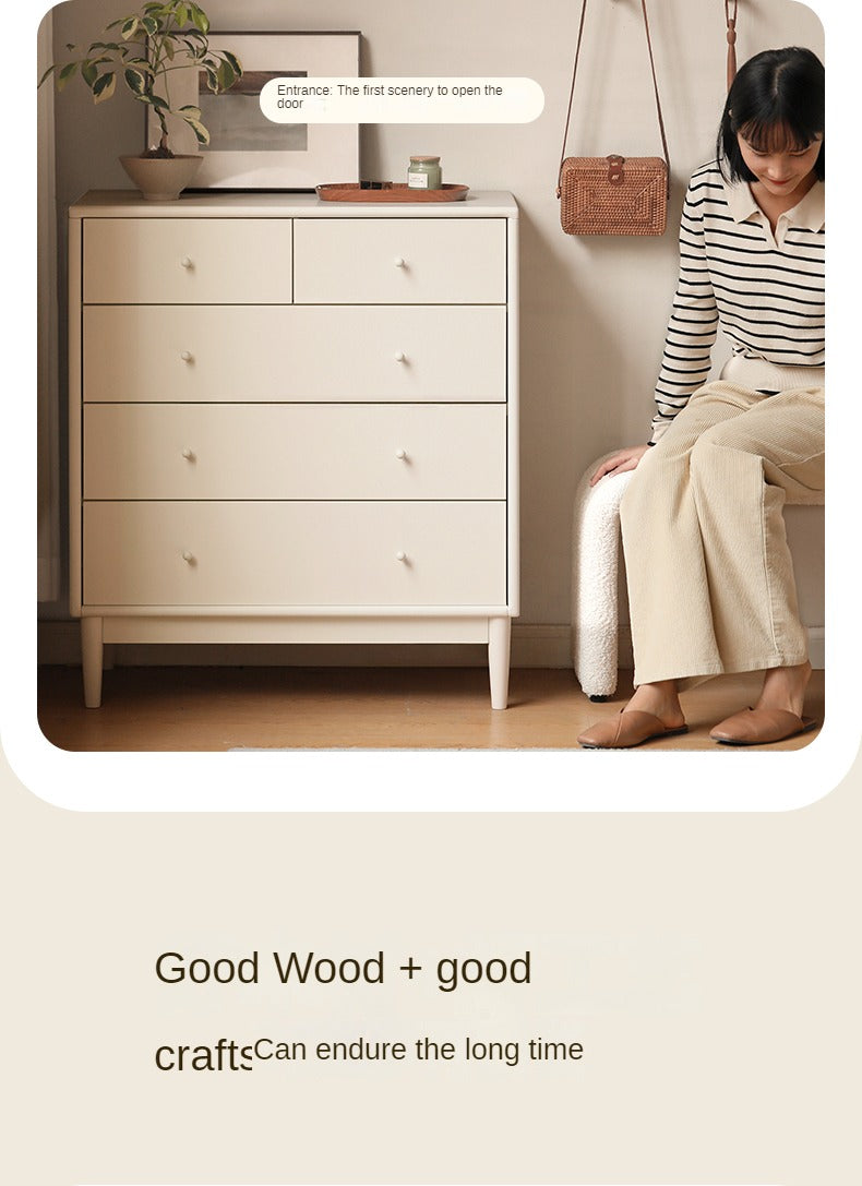 Solid Poplar Wood Chest of Drawers - Vintage Cream Storage Cabinet for Bedroom, Living Room & Office Organization