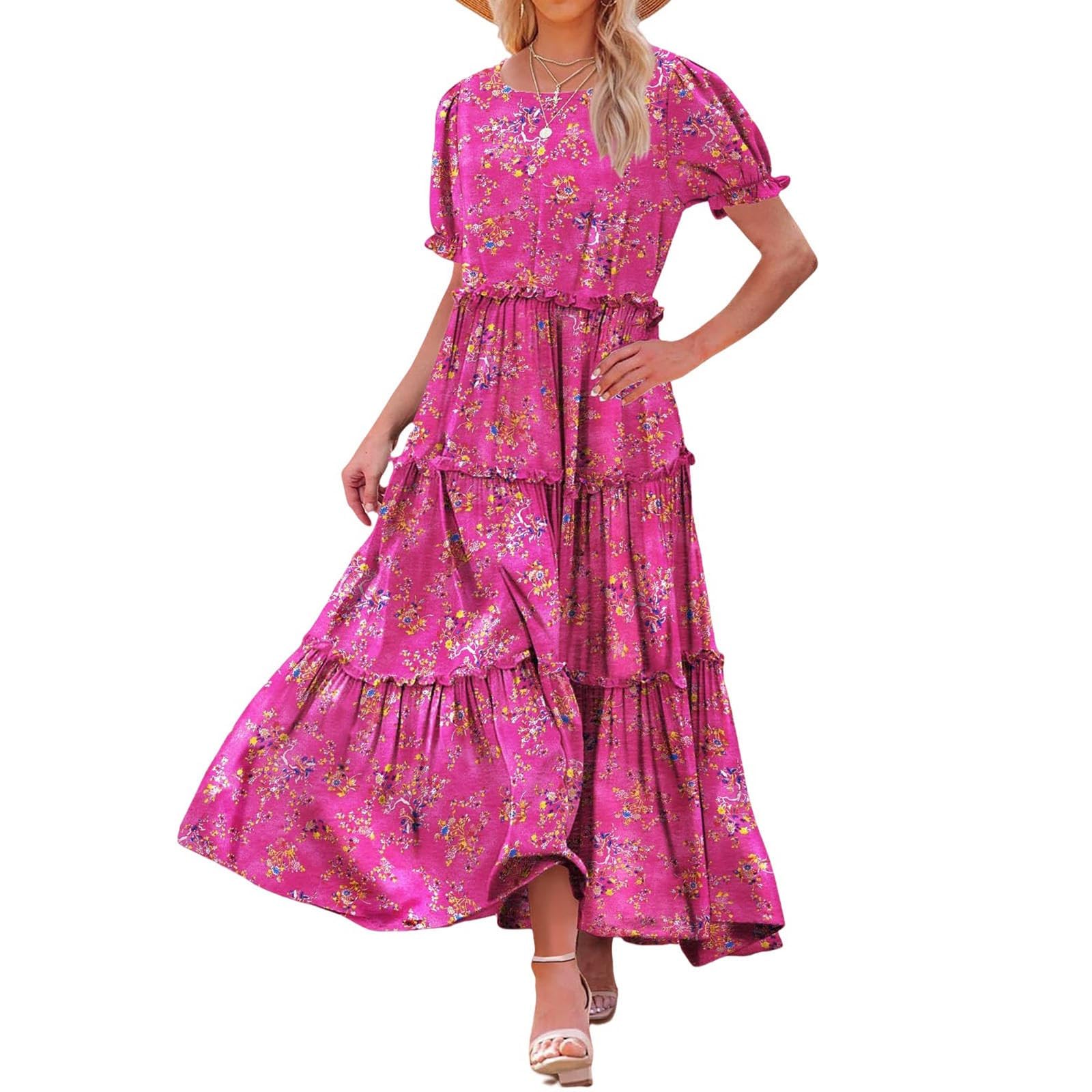 2024 Women's Boho Floral Maxi Dress - Loose Fit Crewneck Summer Dress with Ruffles & Graphic Print | Perfect for Vacation, Beach & Sun Outings