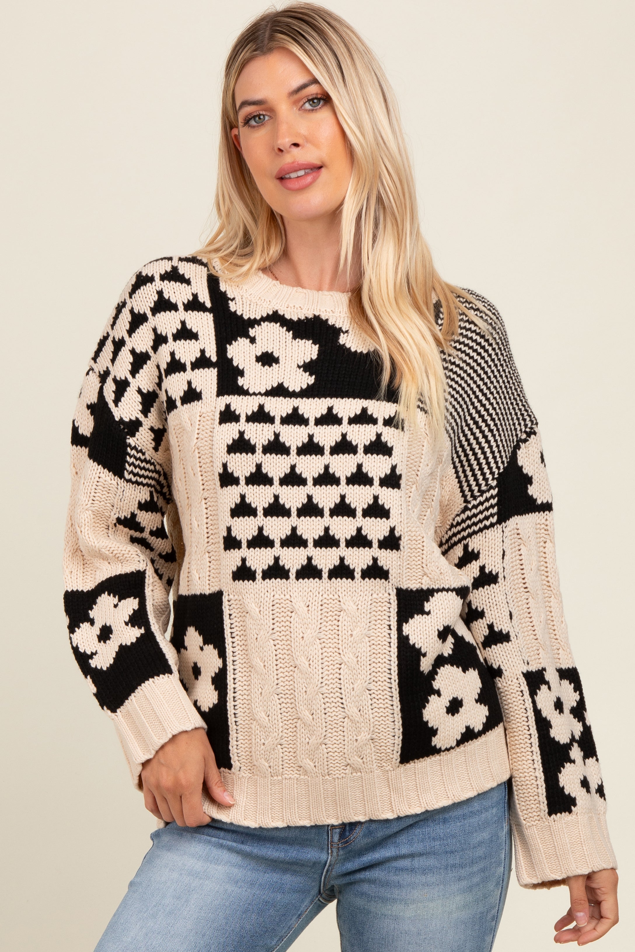 Beige Floral Print Cable Knit Sweater for Women - Cozy Winter Pullover for Casual Outings & Holiday Gatherings