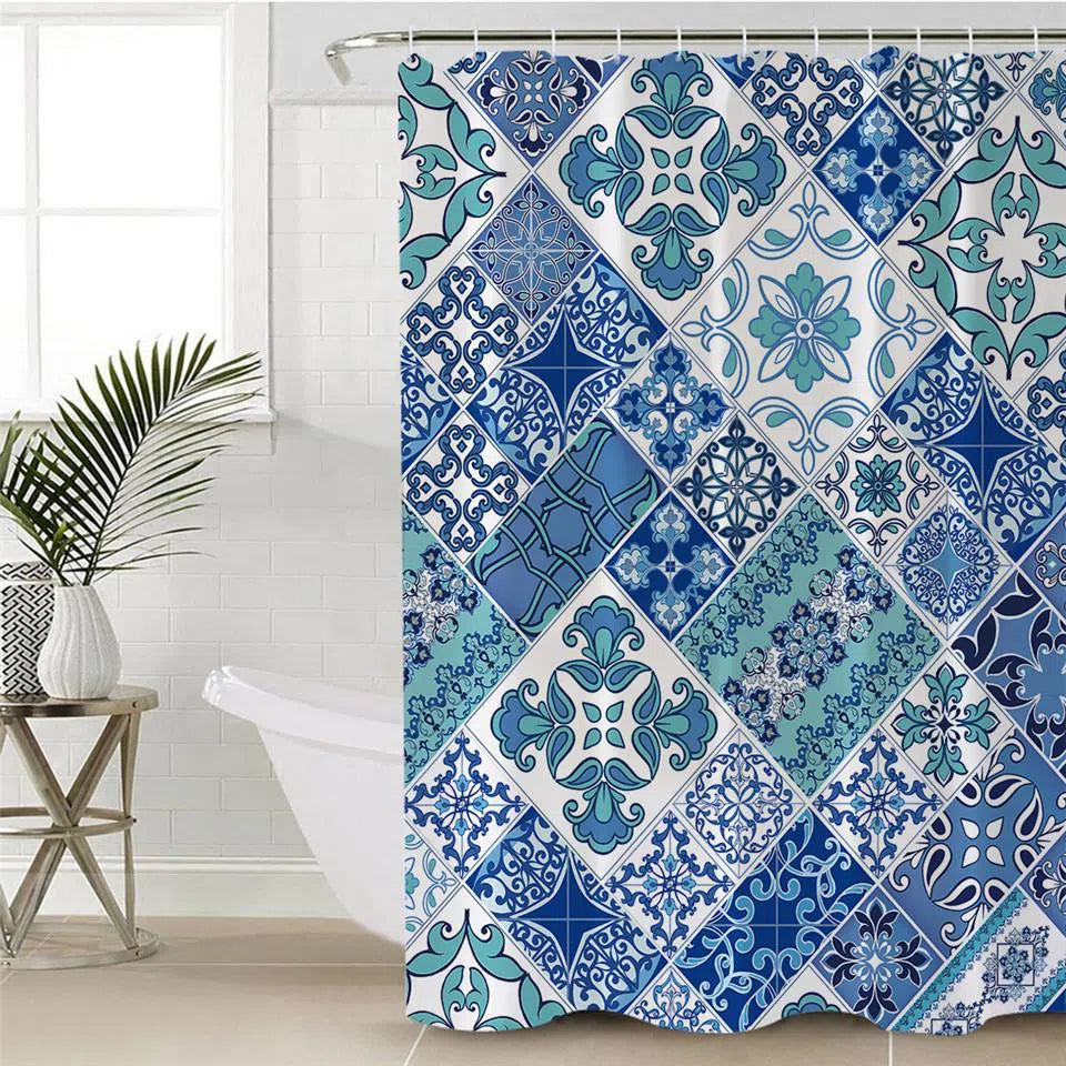 Coastal Mosaic Shower Curtain - Waterproof Bathroom Decor with Seashell & Wave Pattern - Perfect for Beach House, Coastal Cottage or Nautical Themed Bathrooms