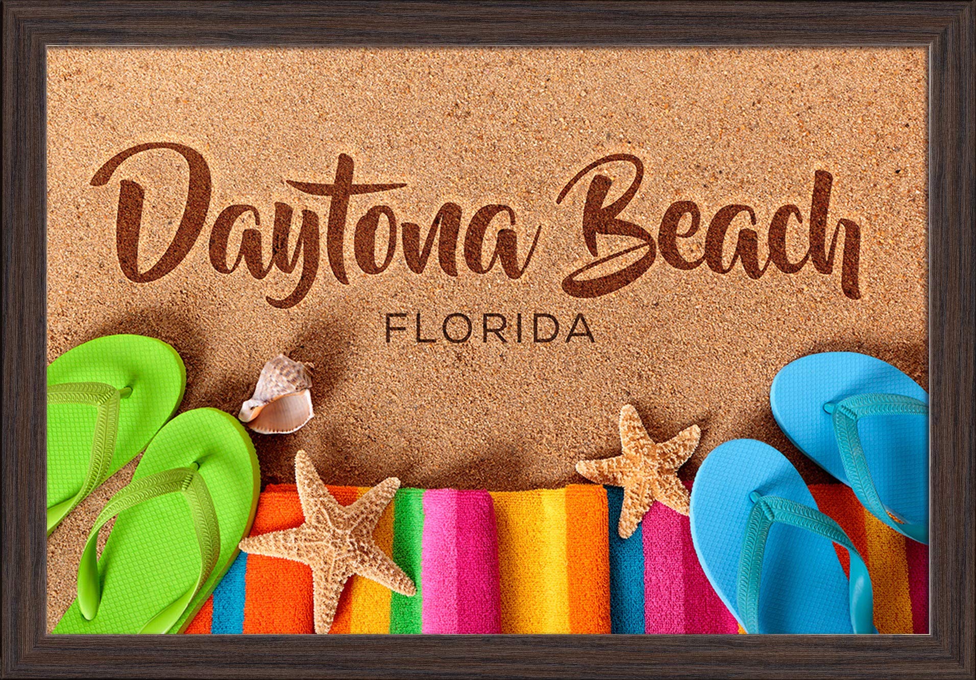 Florida Daytona Beach Flip Flops on Shore - 16x24 Inch Giclee Fine Art Print with Recycled Wood Frame in Espresso Brown - Perfect for Coastal Home Decor & Beach House Wall Art