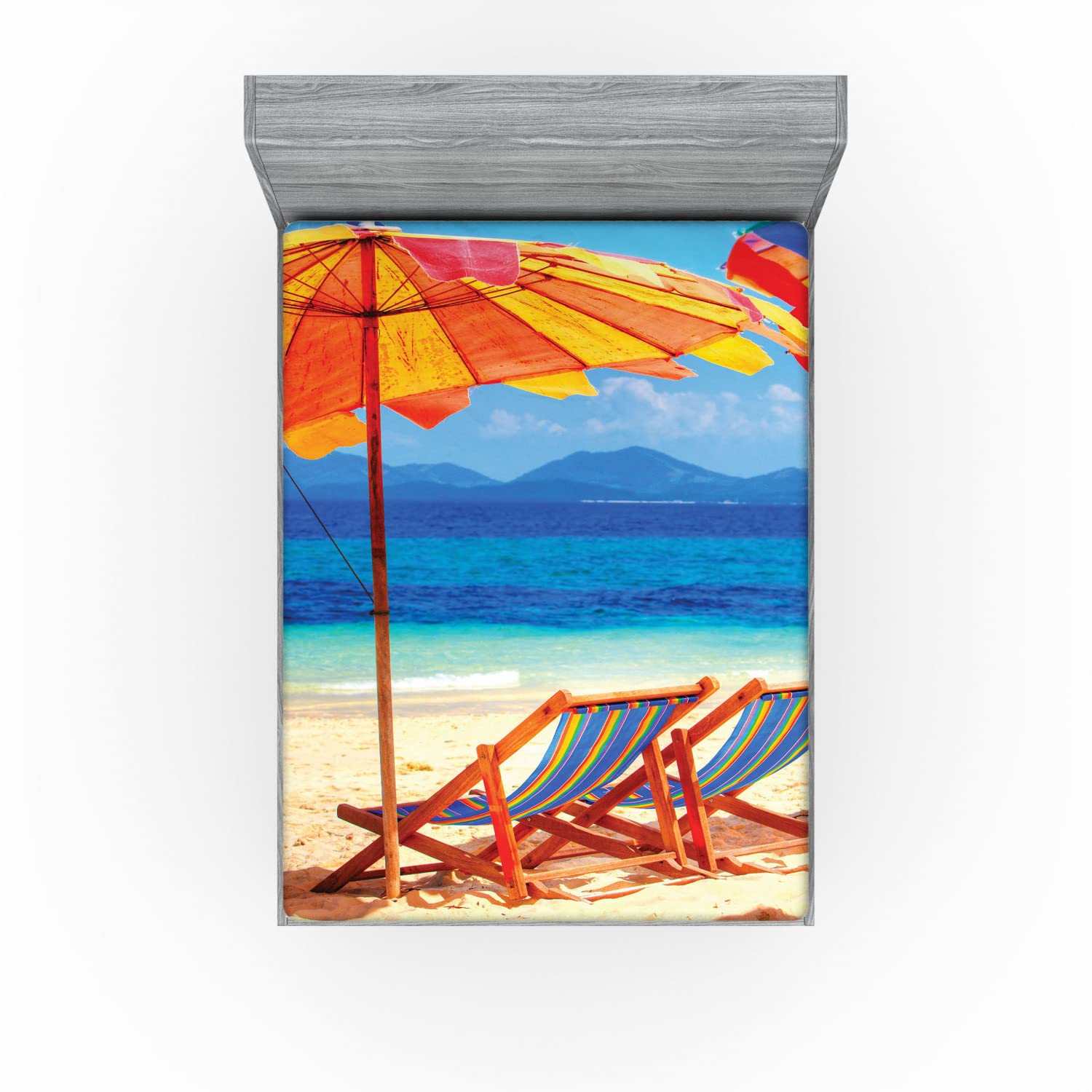 Ambesonne Tropical Beach Fitted Sheet - Full Size Deep Pocket Bed Cover with All-Around Elastic - Orange Blue Seaside Design - Perfect for Coastal, Vacation & Beach House Bedroom Decor