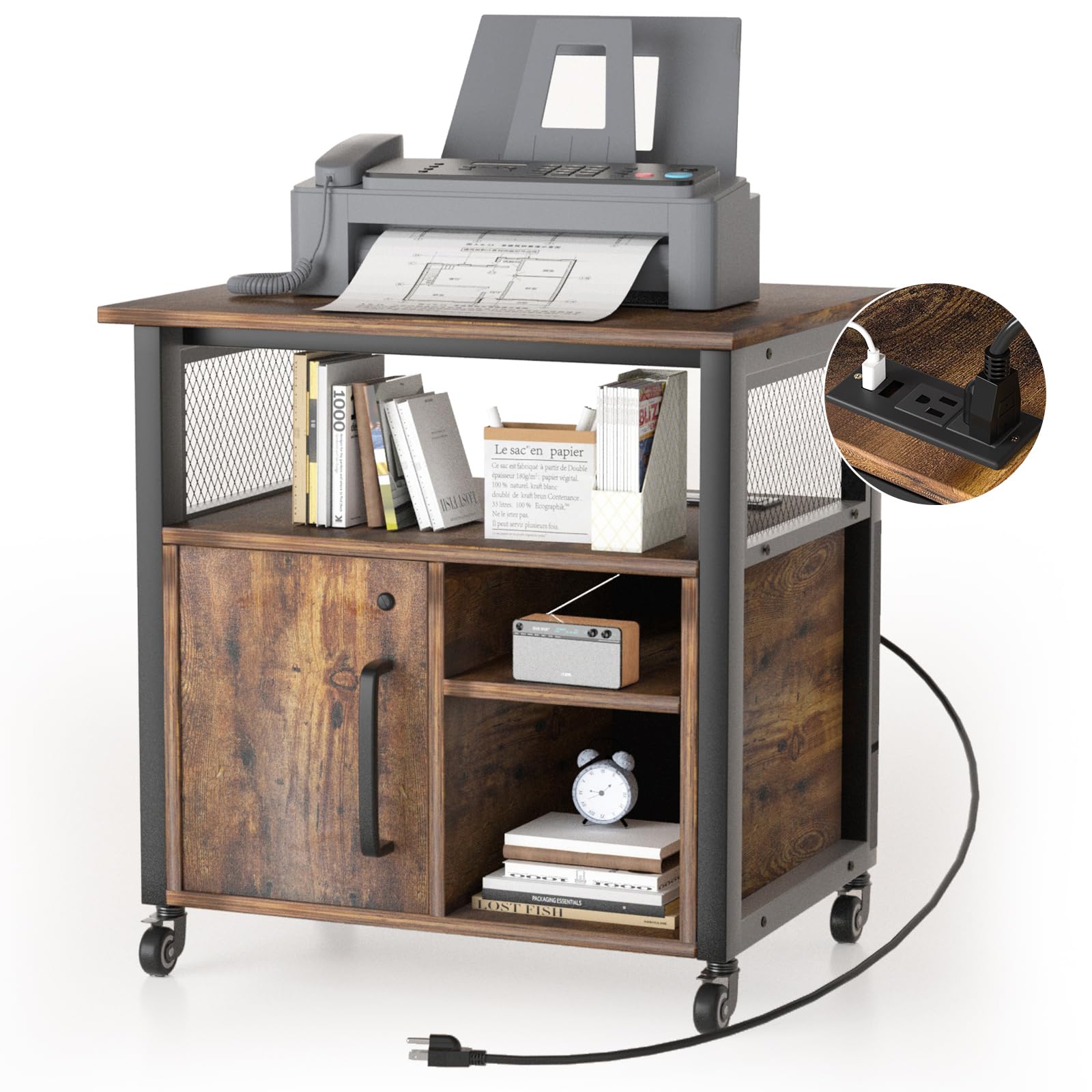 Locking Lateral File Cabinet with USB Charging Port - Modern Rolling Office Storage Cabinet with Wheels for Printer, Scanner & Fax - Brown Home Office Furniture for Workspace Organization