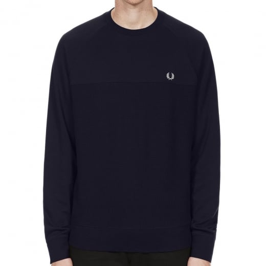Fred Perry Textured Panel Crew Sweatshirt for Men - Navy Blue Cotton Blend Casual Pullover - Perfect for Streetwear, Lounge & Everyday Wear