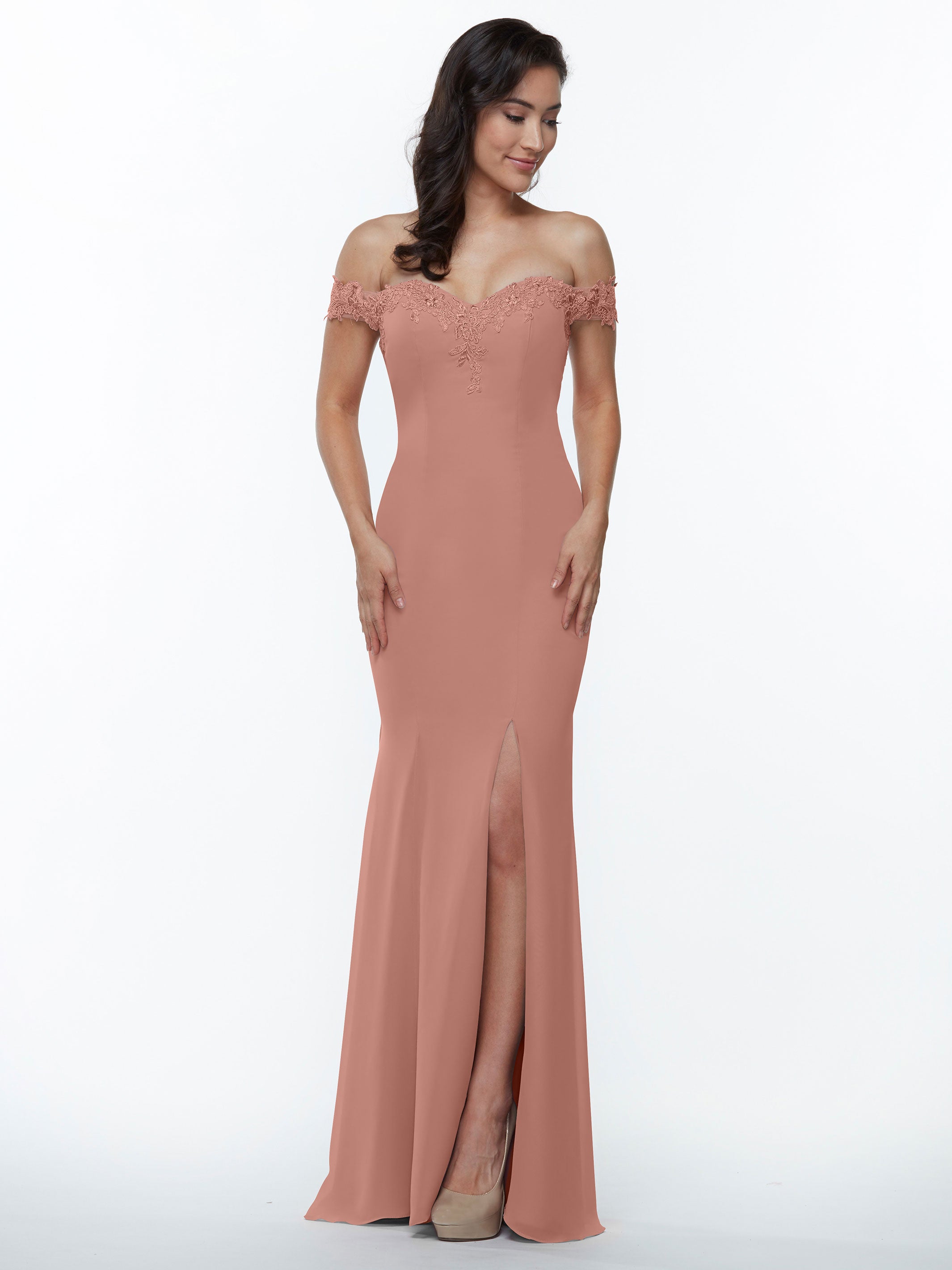 Elegant Off-the-Shoulder Lace and Chiffon Bridesmaid Dress 80121 - Perfect for Weddings, Formal Events & Special Occasions