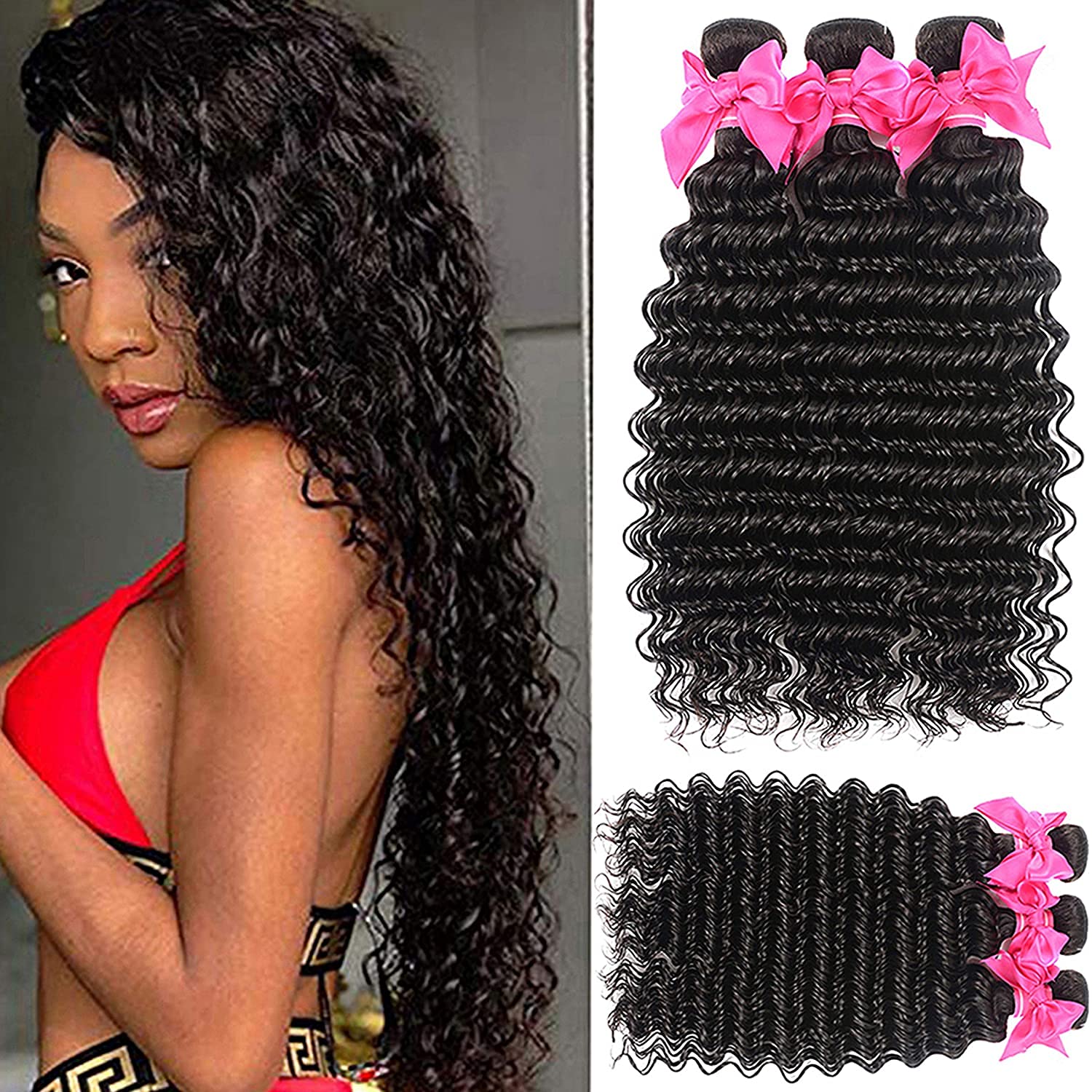 Miss GAGA 9A Brazilian Virgin Hair Pineapple Deep Wave 3 Bundles - 100% Unprocessed Remy Human Hair Extensions (28 28 28) Natural Black Color for Weaving, Styling & Protective Hairstyles
