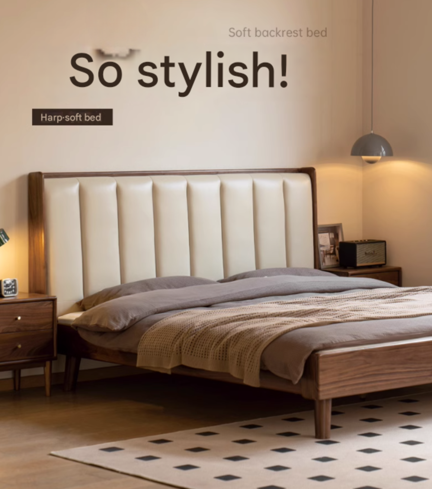 Premium Black Walnut Solid Wood Leather Upholstered Bed Frame with High Soft Back - Modern Bedroom Furniture for Master Suite, Guest Room & Luxury Apartments