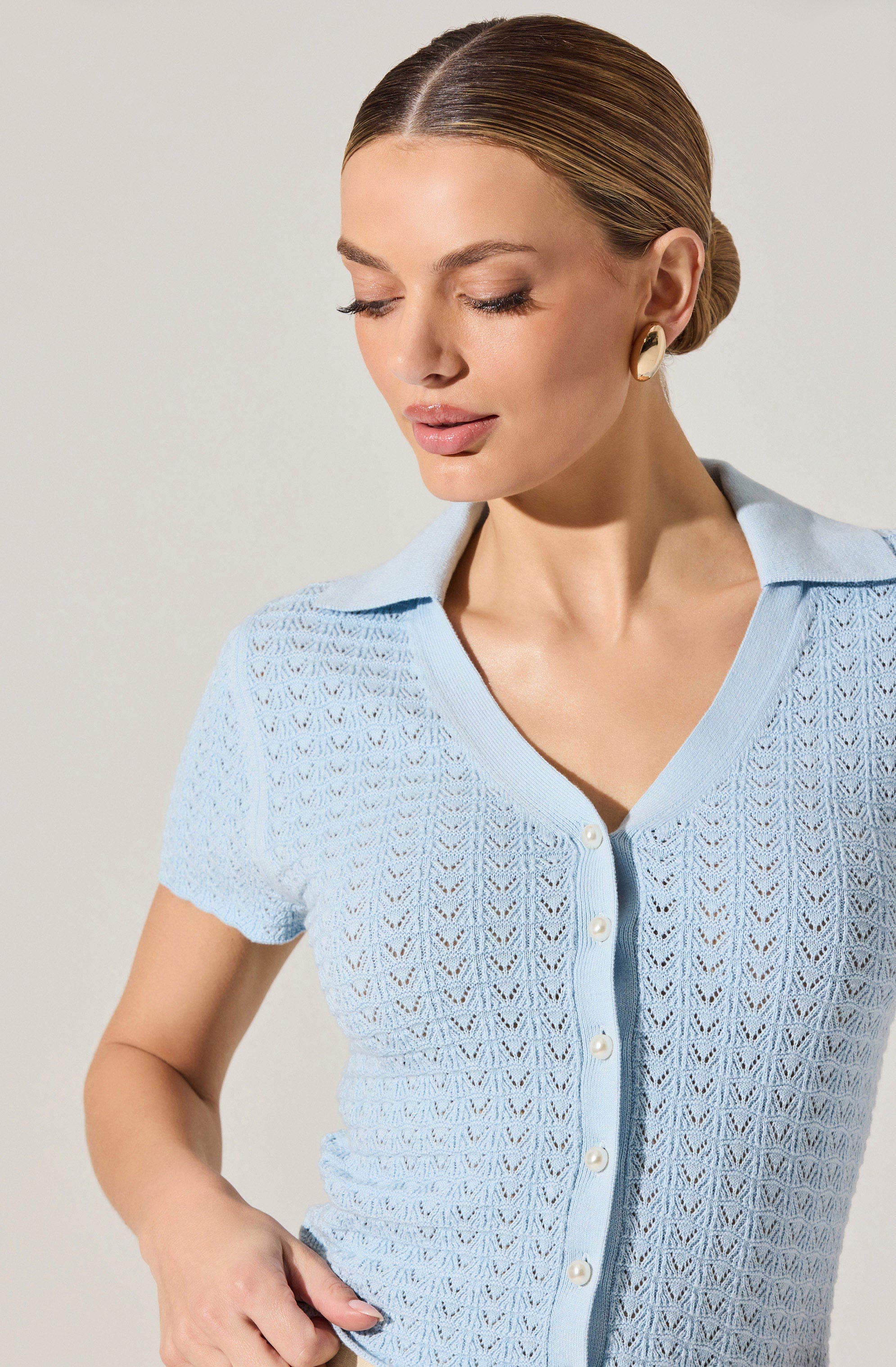 Stylish Pearl Polo Pointelle Sweater for Women - Breathable Knit Top for Casual & Office Wear - Perfect for Layering in Fall & Winter