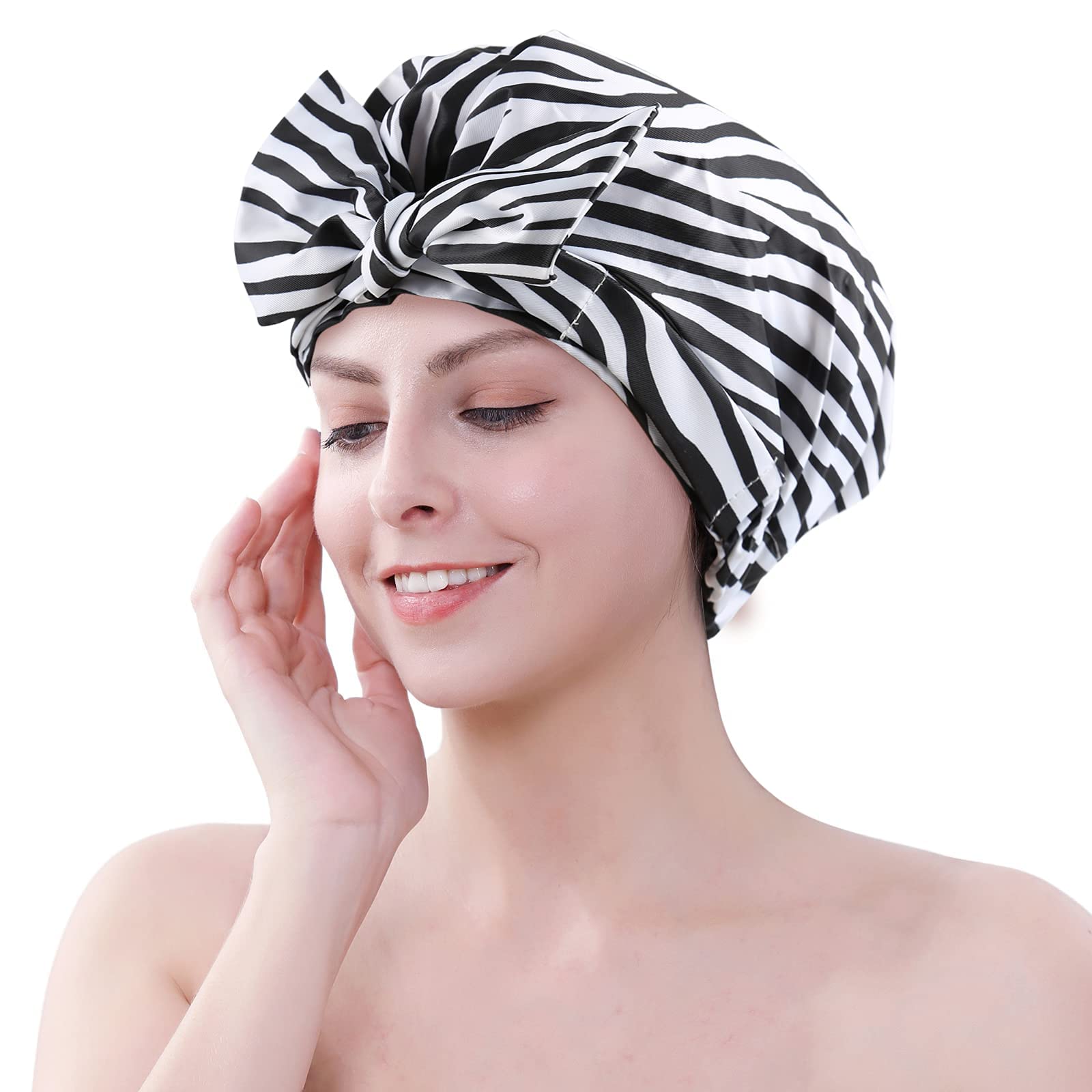 Waterproof Reusable Shower Cap for Women & Girls - Extra Large Hair Cover for Long Hair & Braids - Adjustable Bow Zebra Strip Design - Perfect for Bathing, Swimming & Hair Treatments