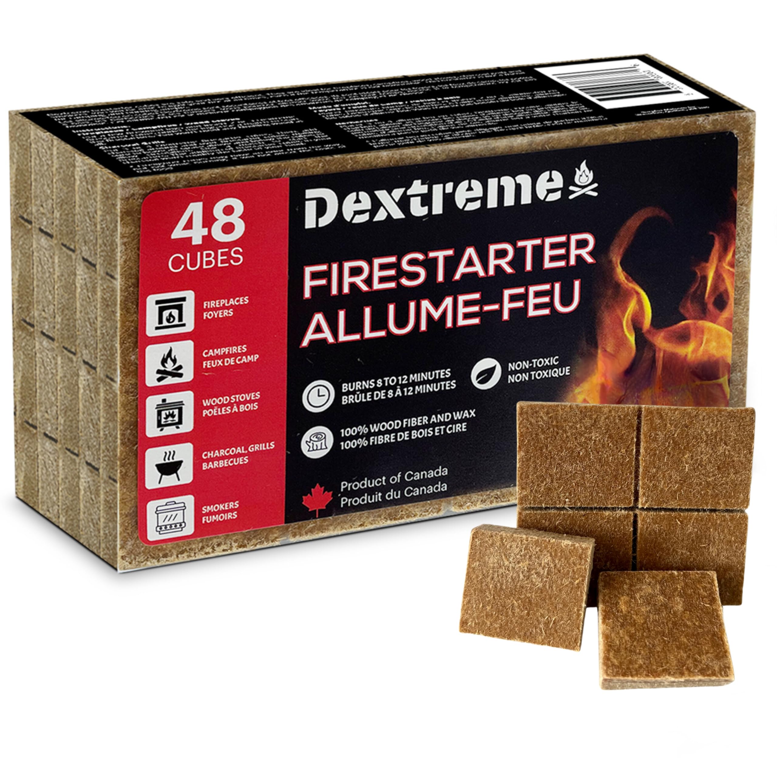 Dextreme 144/48 Pack Natural Fire Starter Cubes for Campfires, BBQ, Grill, Fireplace, Wood Stove & Outdoor Cooking - Long Burning, Non-Toxic & Easy to Light - Perfect for Camping, Backyard Grilling & Emergency Preparedness