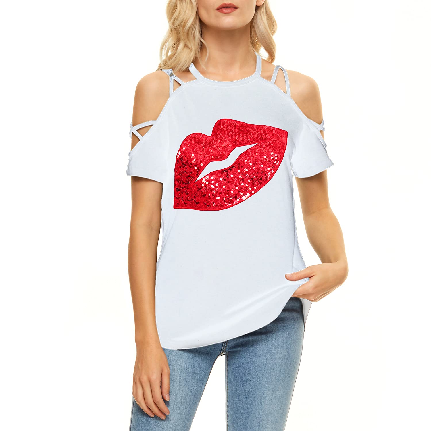 PESION Women's Off The Shoulder Tops - Sexy Shiny Blouses with Long & Short Sleeve Options - Fashion Graphic T-Shirts for Casual Wear, Date Night & Party Outfits