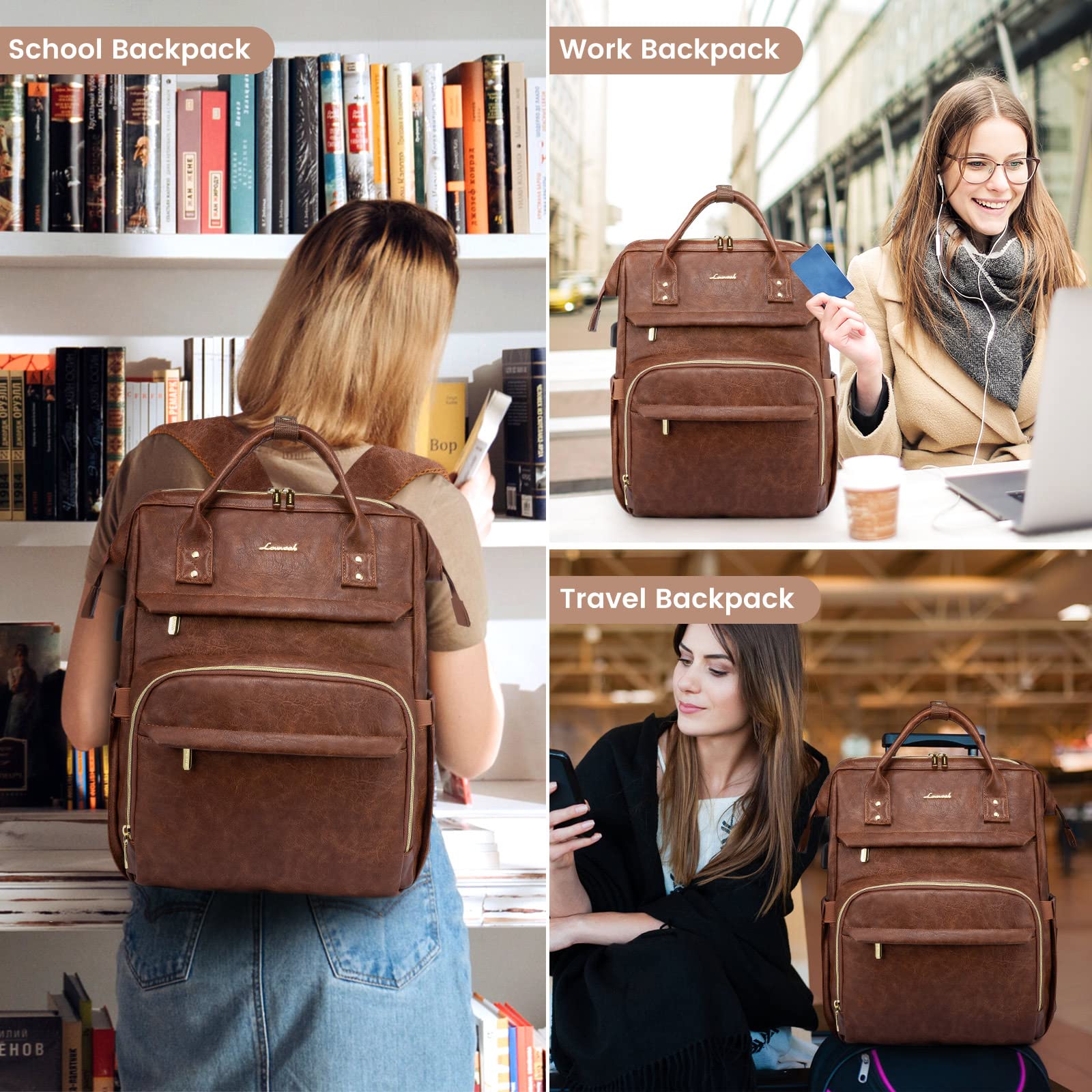 LOVEVOOK Women's Leather Laptop Backpack 15.6 Inch - Professional Business Travel Backpack with USB Charging Port, College Work Bag for Nurse Teacher & Office Use, Red Brown - Perfect for Commuting, Business Trips & Daily Work Essentials