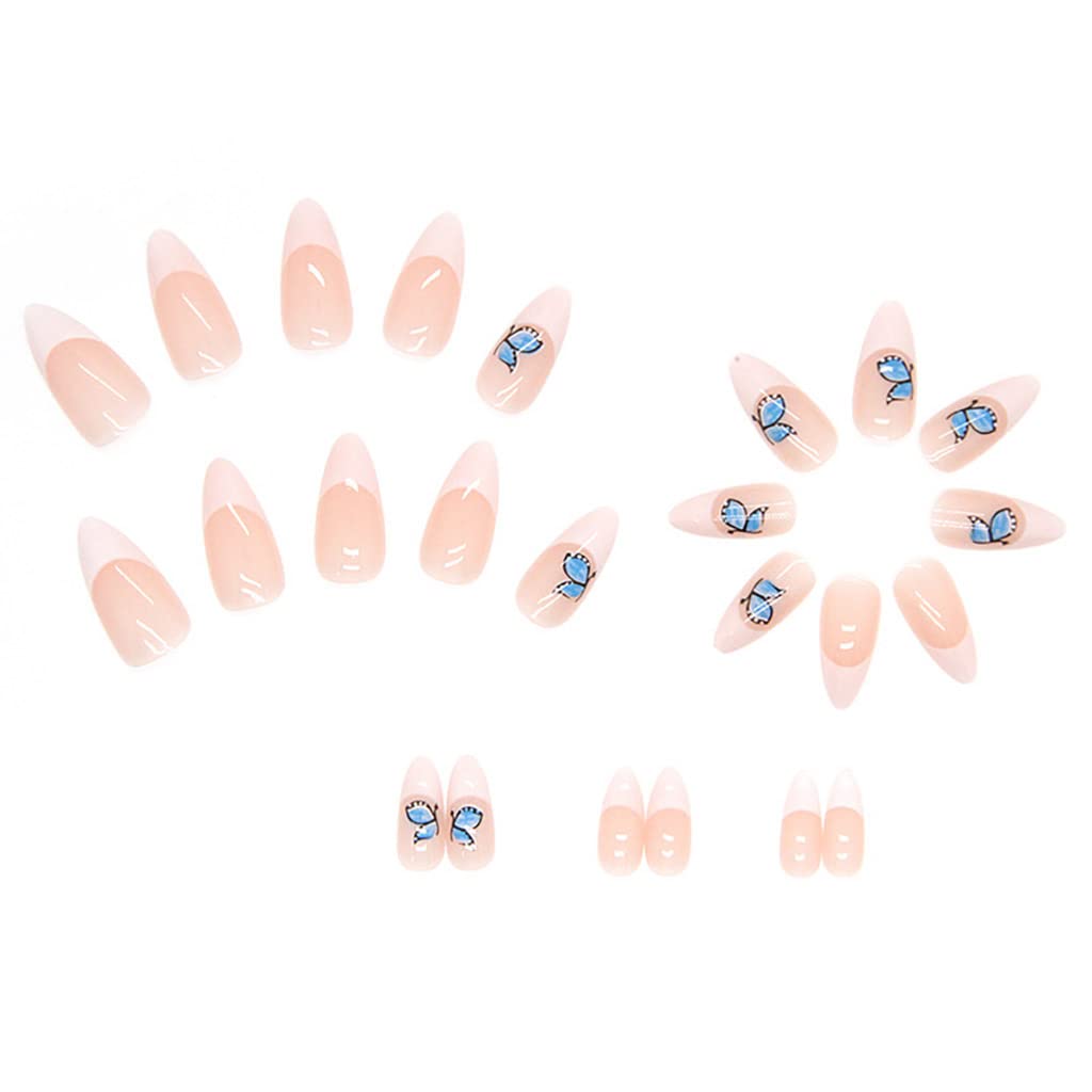 RikView French Tip Press on Nails Medium Fake Nails Almond White Stick on Nails with Butterfly Design - Perfect for Parties, Weddings, and Everyday Glam