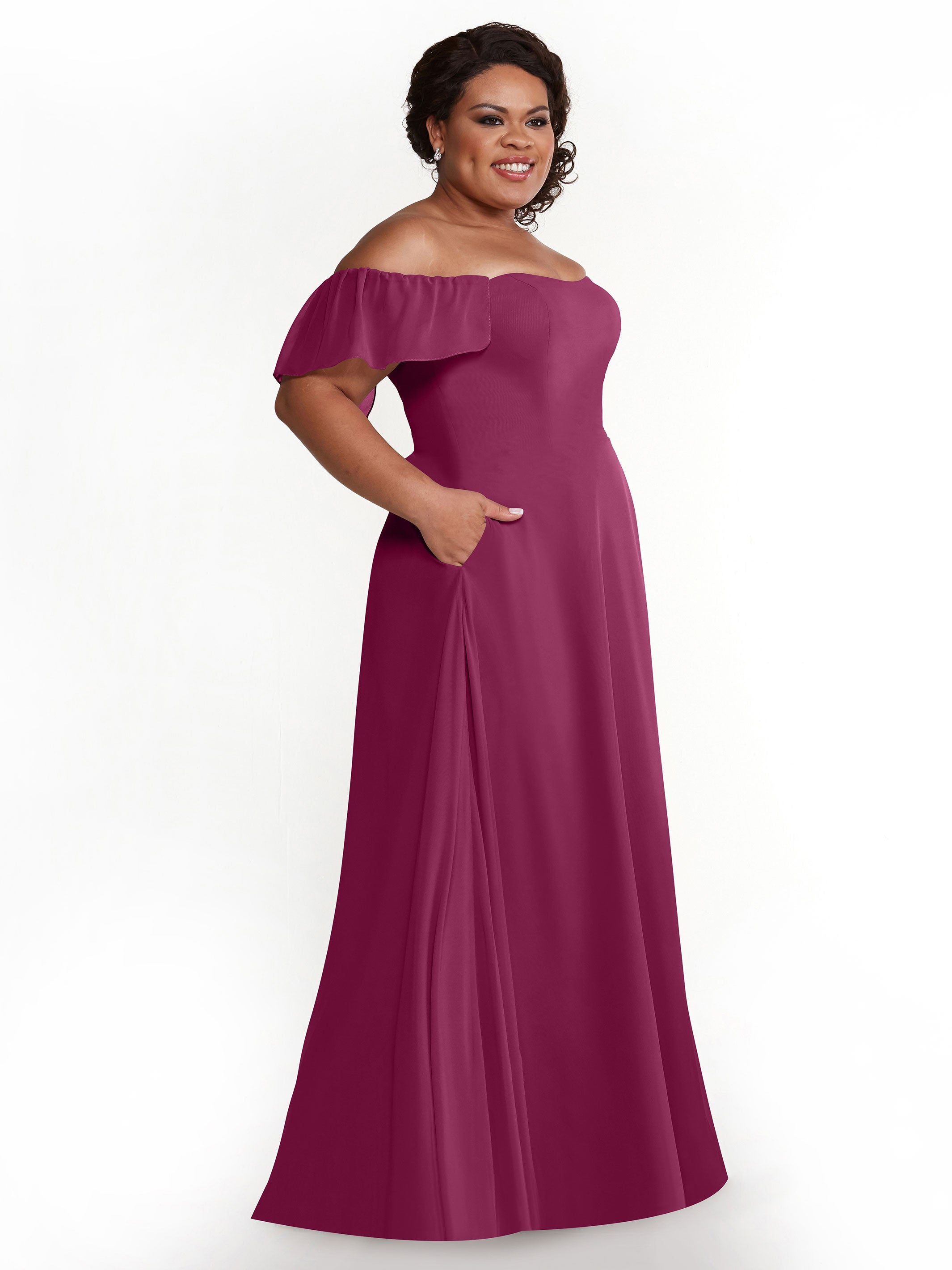 Elegant A-Line Off-The-Shoulder Chiffon Bridesmaid Dress with Pockets - Perfect for Weddings, Parties & Formal Events (Style: ALT2)