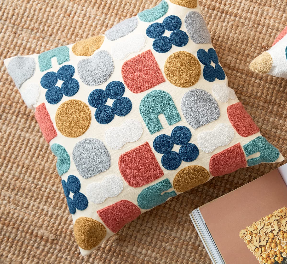 Boho Geometric Tufted Throw Pillow Cover 18x18 Inches - Farmhouse Cotton Embroidery Decorative Cushion Case for Sofa, Couch & Bed - Perfect for Living Room, Bedroom & Home Decor (EmbroideryK)