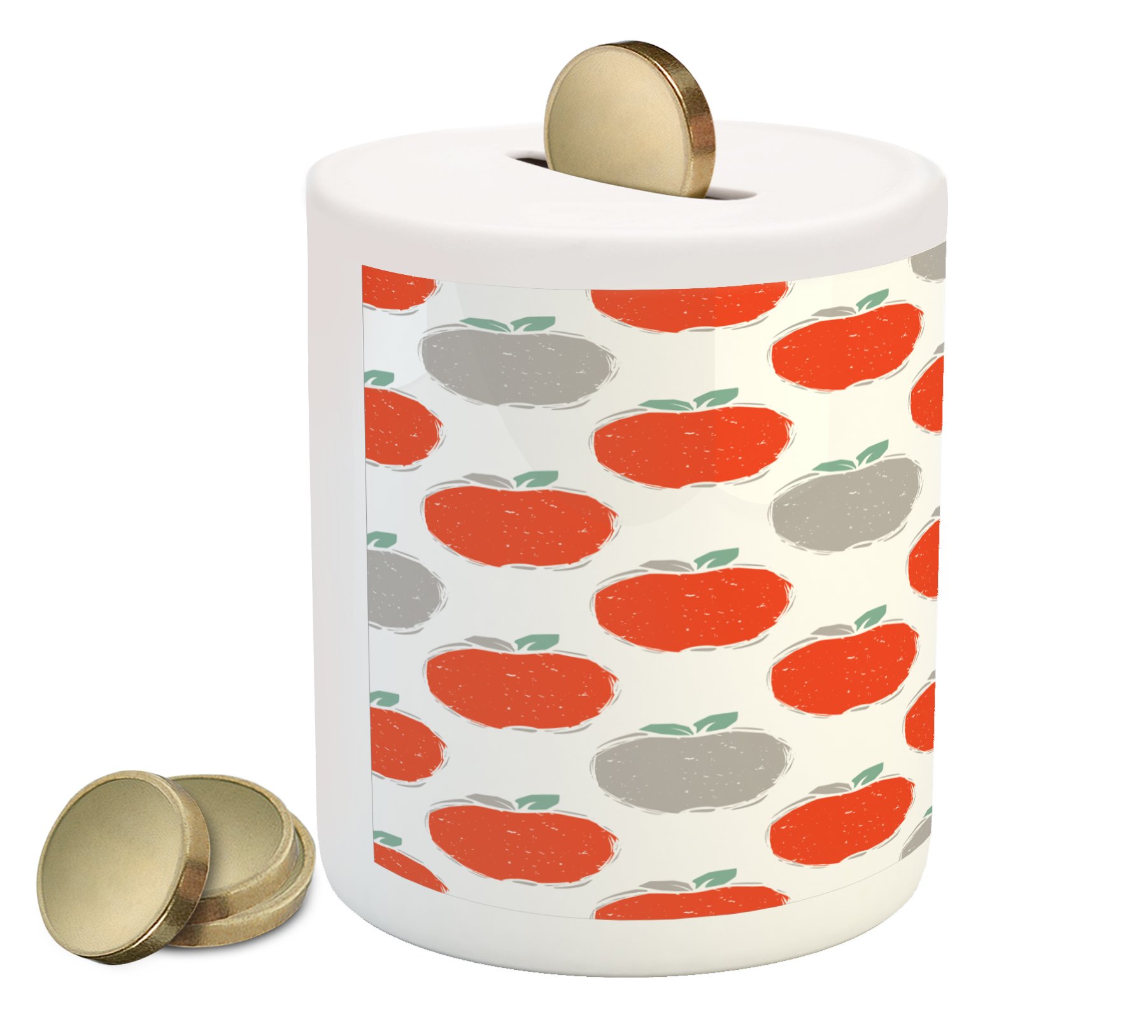 Ambesonne Ceramic Apple Piggy Bank - Doodle Style Fruit Silhouette Money Box for Cash Saving | Scarlet, Pale Grey & Teal | Perfect for Kids' Savings, Home Decor & Gift Giving