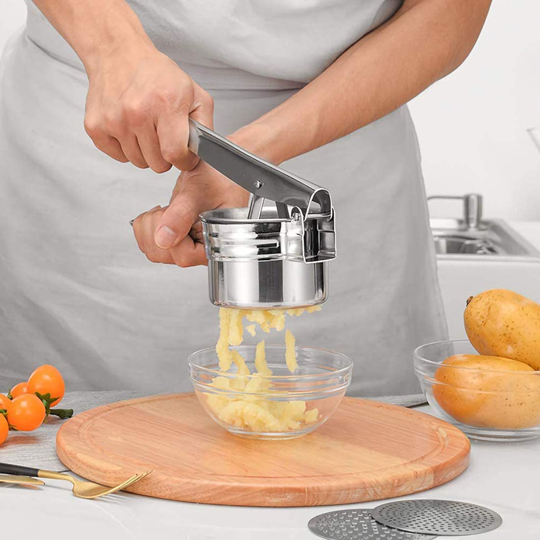 Premium Stainless Steel Potato Ricer & Masher - Heavy Duty Manual Press for Smooth Mashed Potatoes, Baby Food, Juicing Fruits & Vegetables - Ideal for Home Cooking, Baking & Meal Prep