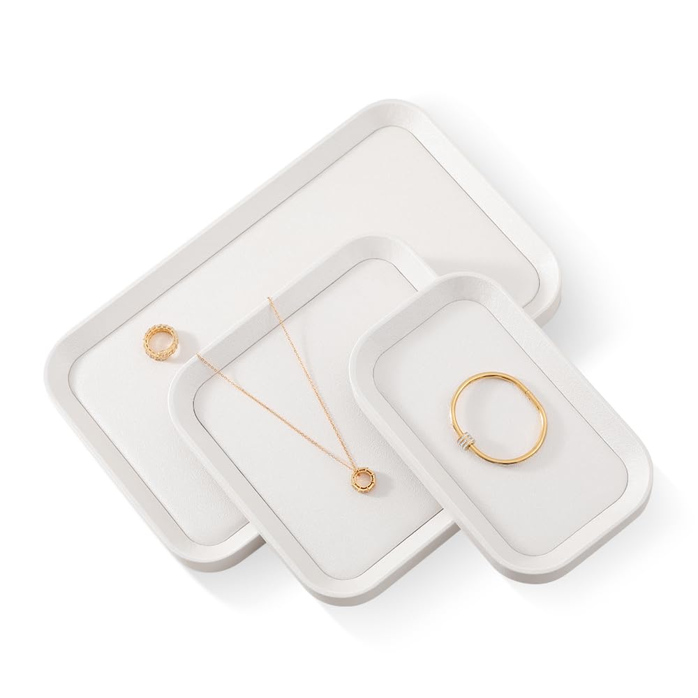 PU Leather Jewelry Display Tray - Gold Bangle & Pendant Storage Organizer for Earrings, Rings, Necklaces - Countertop Shop Holder Plate - Perfect for Retail Stores, Boutiques & Home Organization (White, Large)