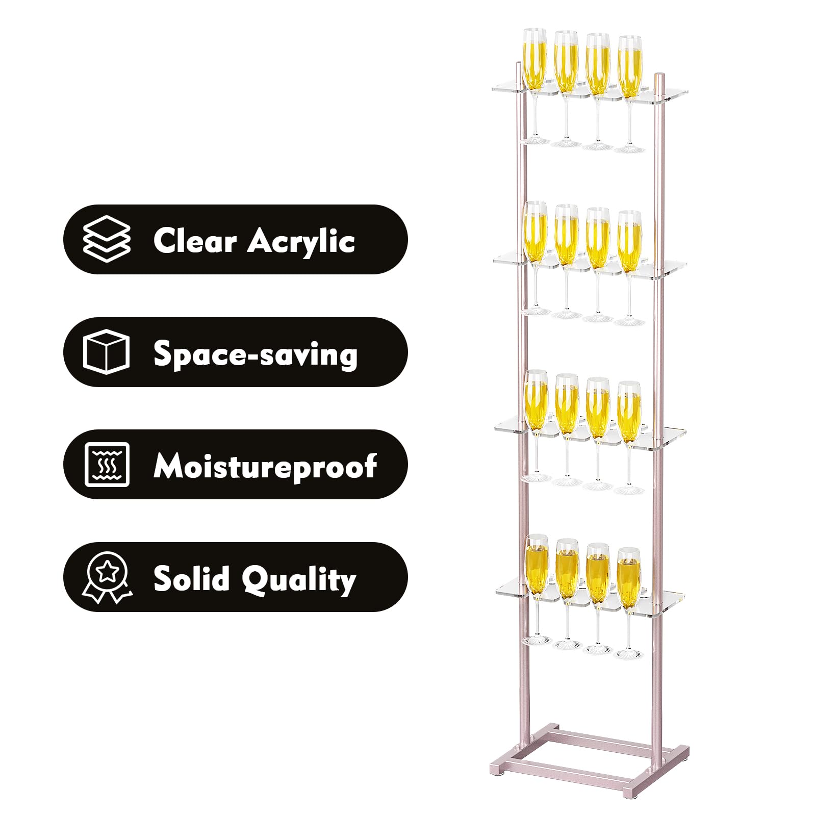IKARE 4-Tier Clear Acrylic Champagne Wall Holder - 32 Wine Glass Stand for Weddings, Bridal Showers & Events (Rose Gold) - Perfect for Party Decor, Home Bar & Event Displays