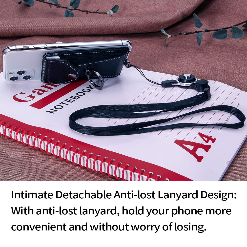 Black Adhesive Stick-on Phone Card Holder with Ring Grip Stand & Detachable Neck Strap - Wallet Pocket for Credit Cards - Perfect for Travel, Shopping & Hands-Free Convenience