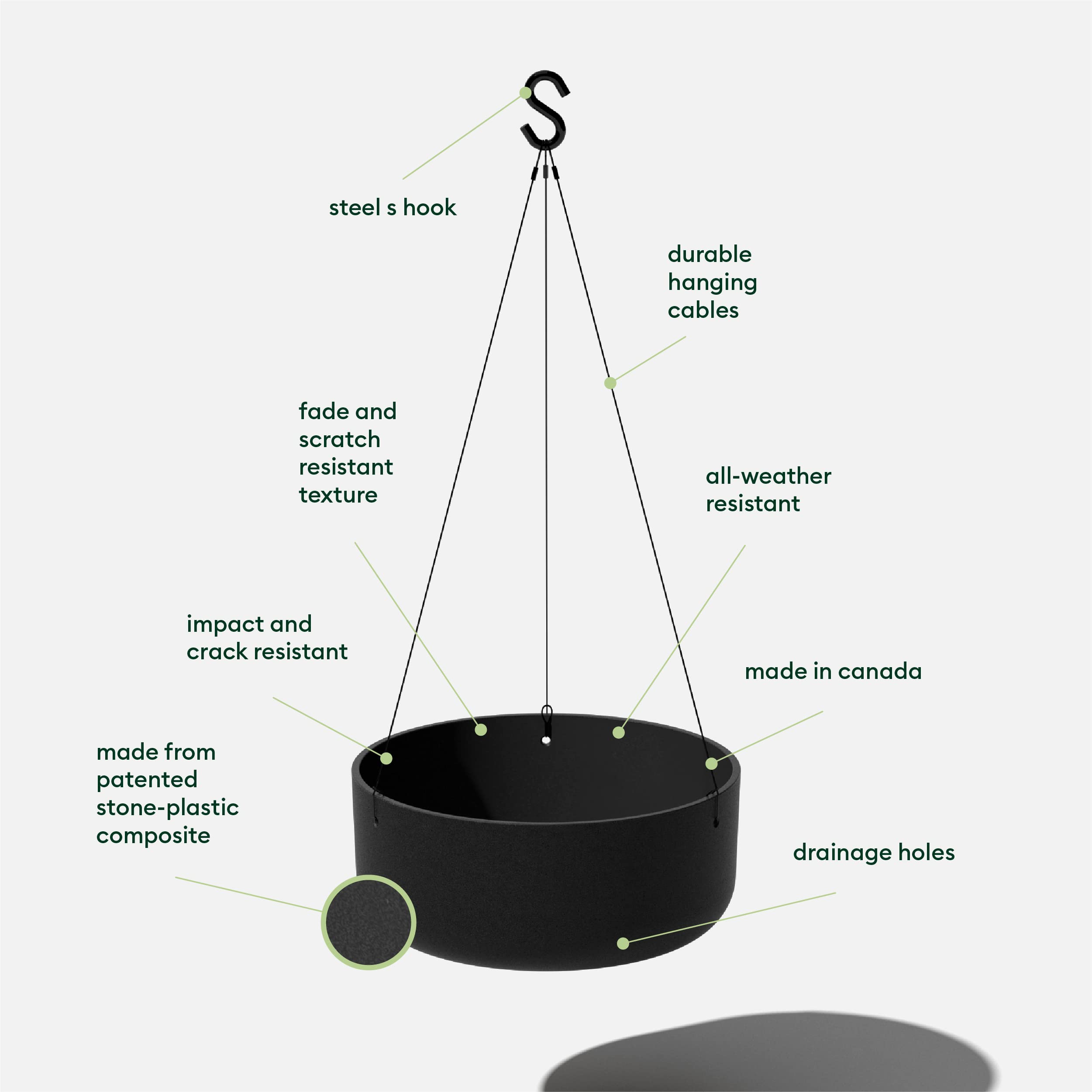 Veradek Mason Series Hanging Kona Bowl Planter - Modern Round Plastic & Concrete Outdoor Planter with Hanging Hook for Flowers, Succulents, Small Plants - Perfect for Balcony, Patio, Garden Decor and Vertical Gardening
