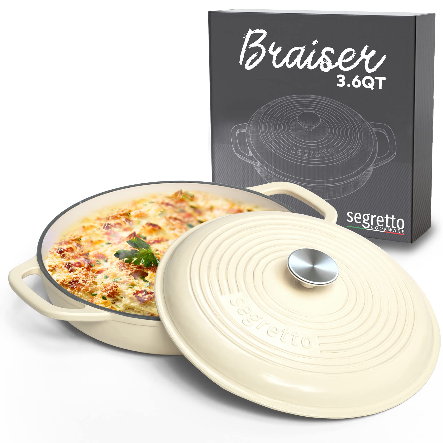 Segretto Cookware 3.6 QT Enameled Cast Iron Braiser Pan with Lid - Bianco Perla (Off-White) - Oven Safe Casserole, Lasagna & Dutch Oven for Baking, Roasting & Stovetop Cooking