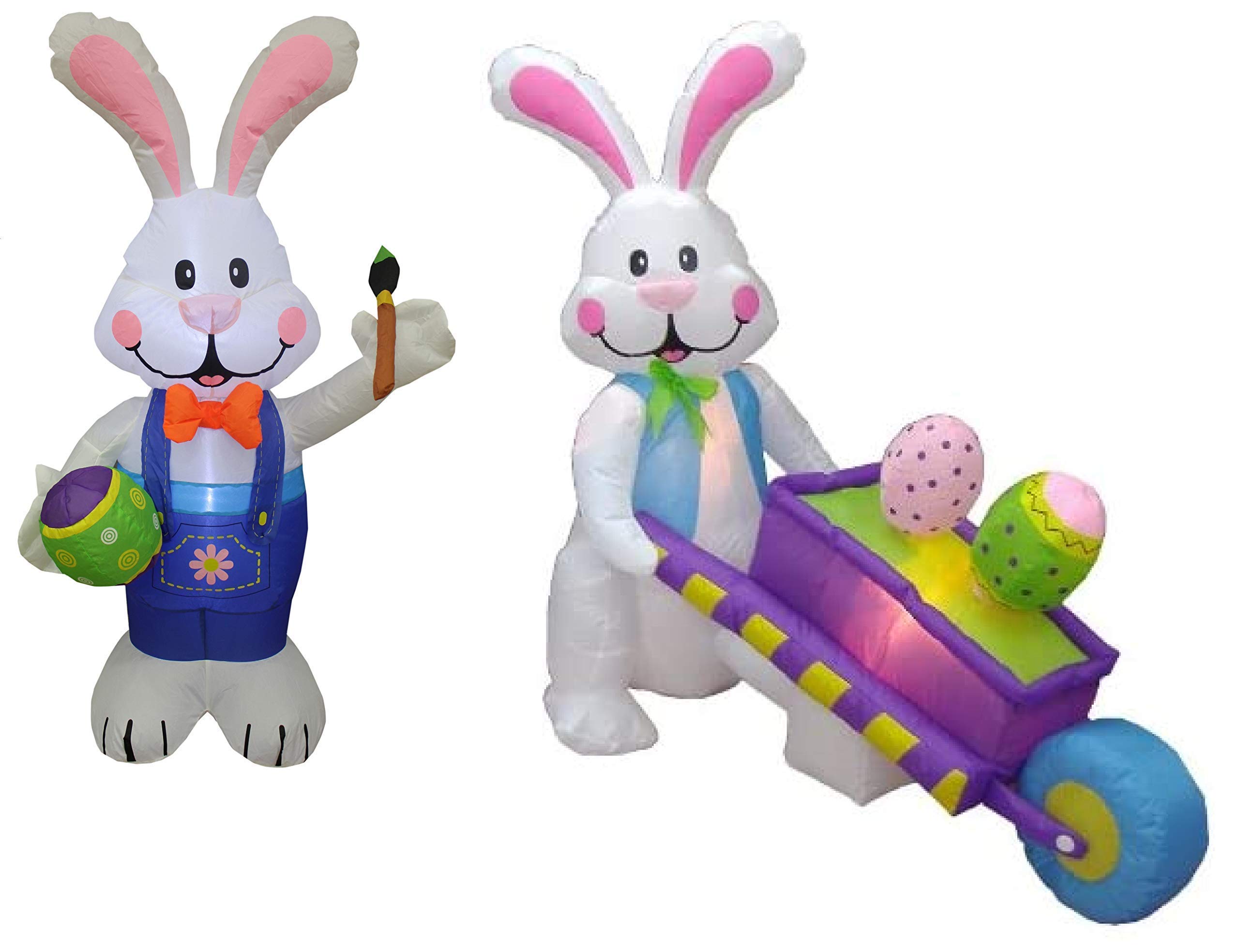 Easter Party Decorations Bundle - 4ft Tall Inflatable Bunny with Egg & Paintbrush + 4ft Inflatable Bunny Wheelbarrow for Outdoor Easter Decor, Garden Party, Spring Festival, Backyard Celebration