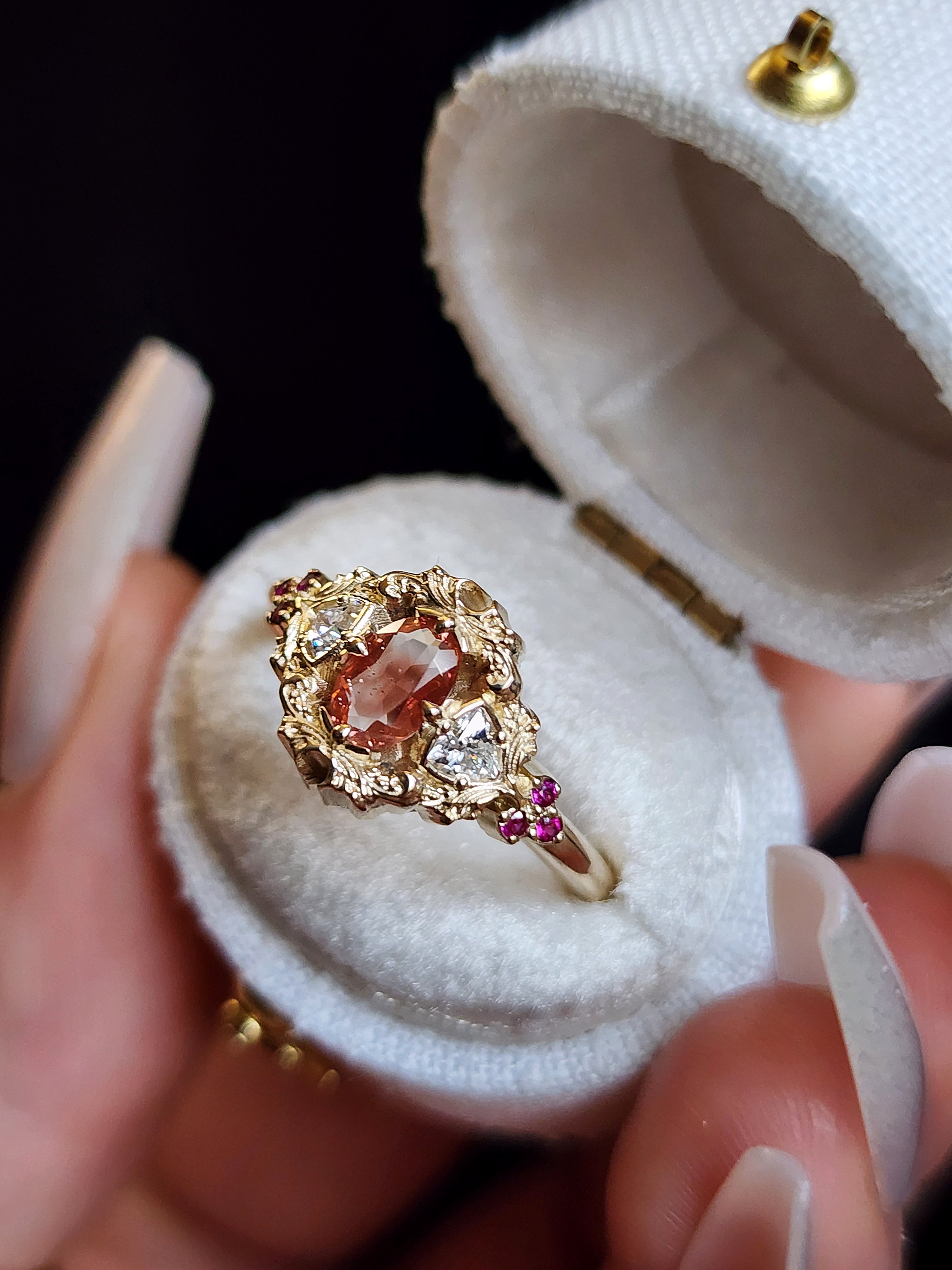 Ophelia Delicate Filigree Engagement Ring - 14k Gold with Trillion Cut Rubies | Elegant Wedding Ring for Proposals, Anniversaries & Special Occasions