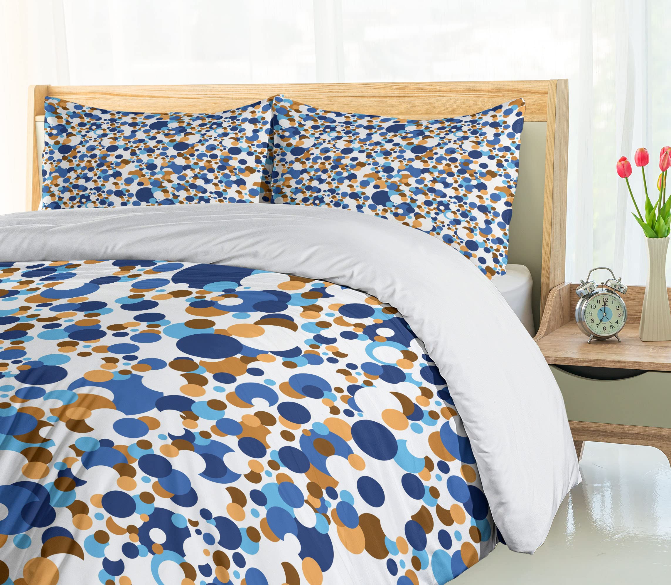 Ambesonne Abstract Duvet Cover Set - Modern Geometric Circle Pattern in Retro Sky Blue & Cinnamon, 3 Piece Bedding Set with 2 Pillow Shams, California King Size - Perfect for Contemporary Bedroom Decor & Guest Room Styling