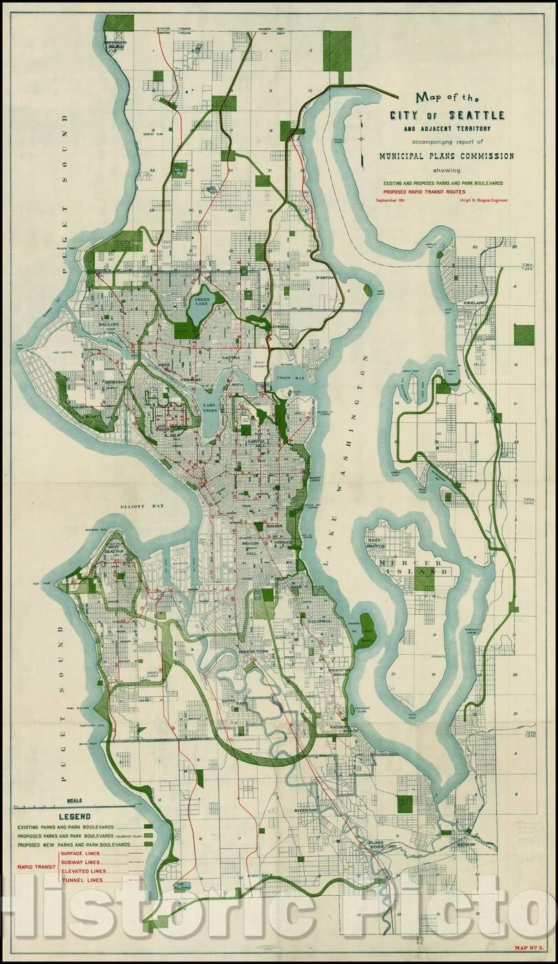 Vintage 1911 Seattle City Map Wall Art - Historic Virgil Gay Bogue Municipal Plans Commission Report - 44x76 Inch Large Framed Decor for Office, Living Room & Library - Antique Cartography Collection