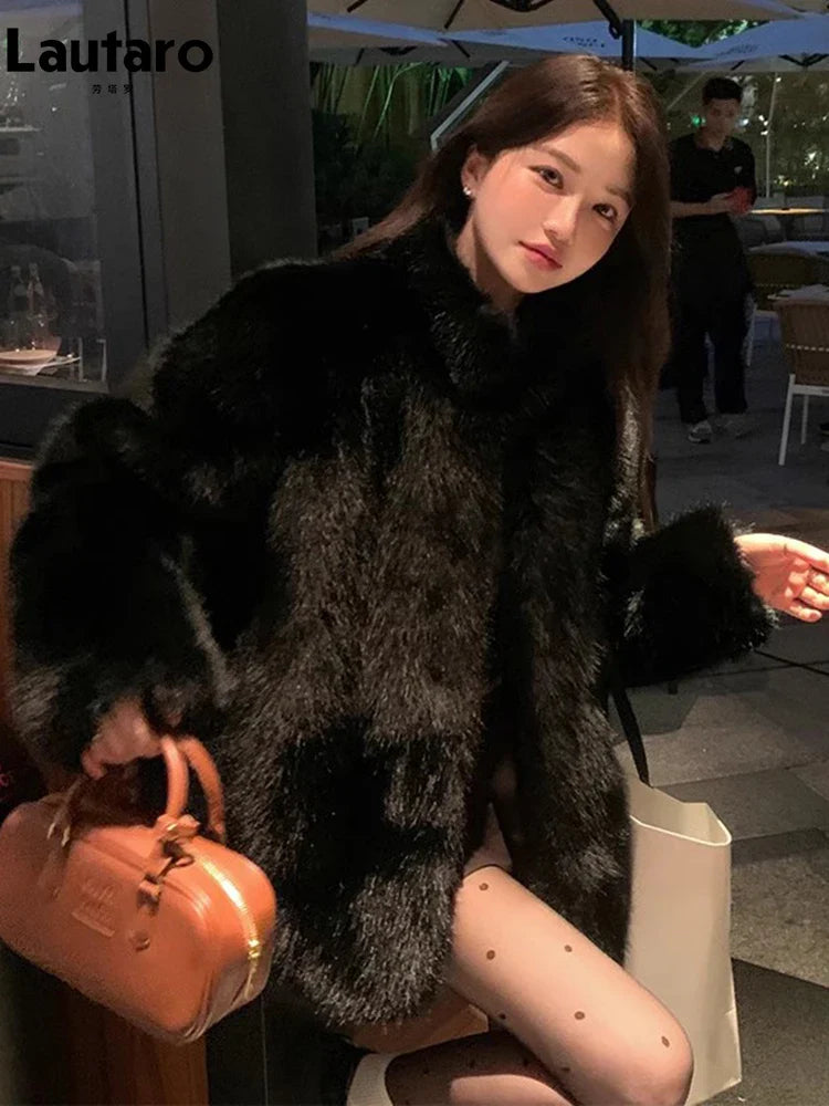 2023 Women's Winter Faux Fox Fur Coat - Soft Thick Warm Shaggy Fluffy Jacket with Stand Collar & Long Sleeves | Perfect for Cold Weather, Outdoor Activities & Fashion Layering
