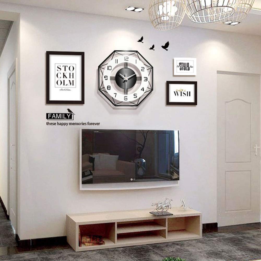 Modern Creative Polygonal Hollow Pendulum Wall Clock Set - Quartz Movement, Natural Wood Finish, Black & White Layered Design for Living Room, Bedroom, Office Decor | Home & Office Wall Art, Unique Gift Idea