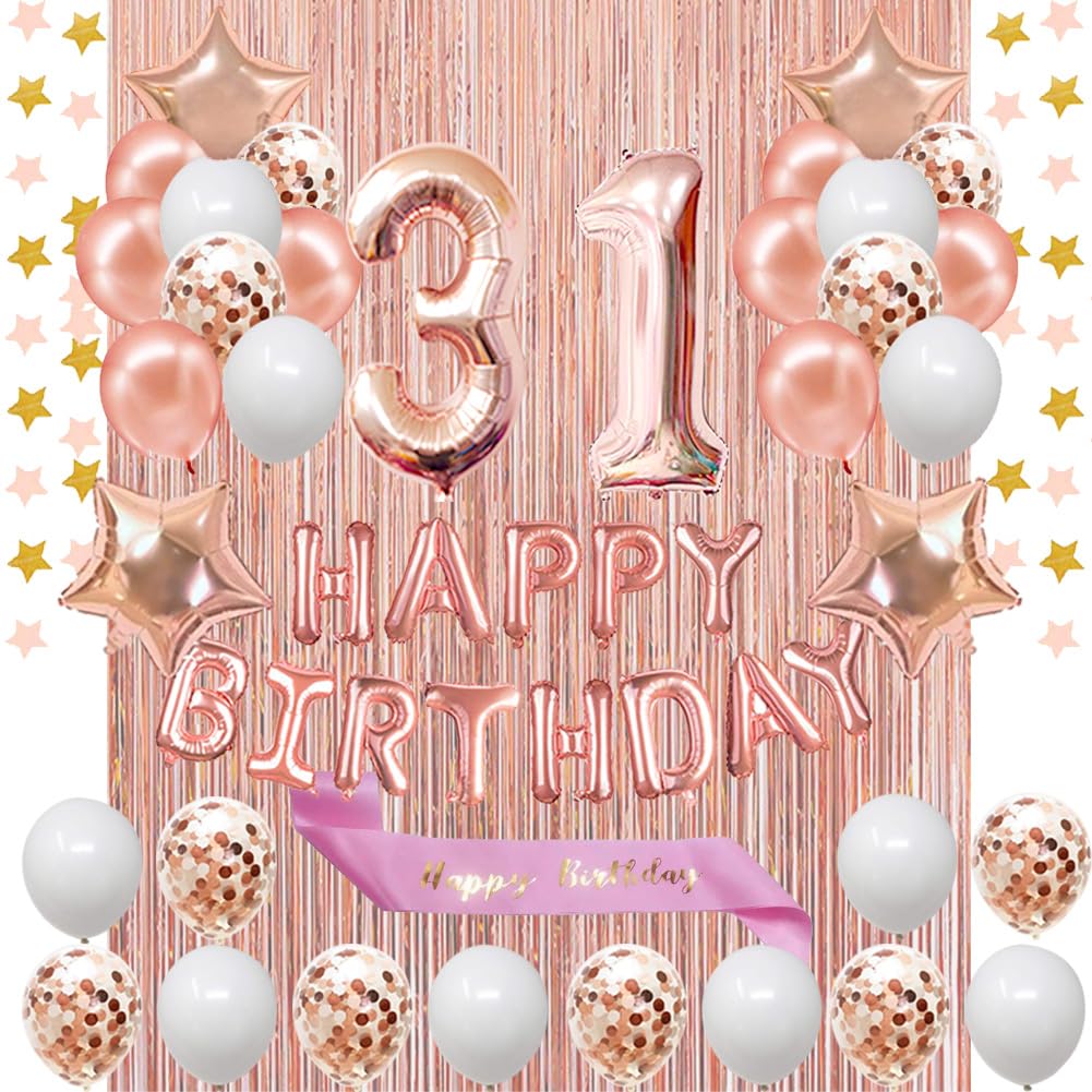 FancyPartyShop Rose Gold 31st Birthday Decorations Set - Number 31 Banner, Sash, Balloons & Confetti for Women's Milestone Celebration | Perfect for Birthday Parties, Photo Backdrops & Surprise Events