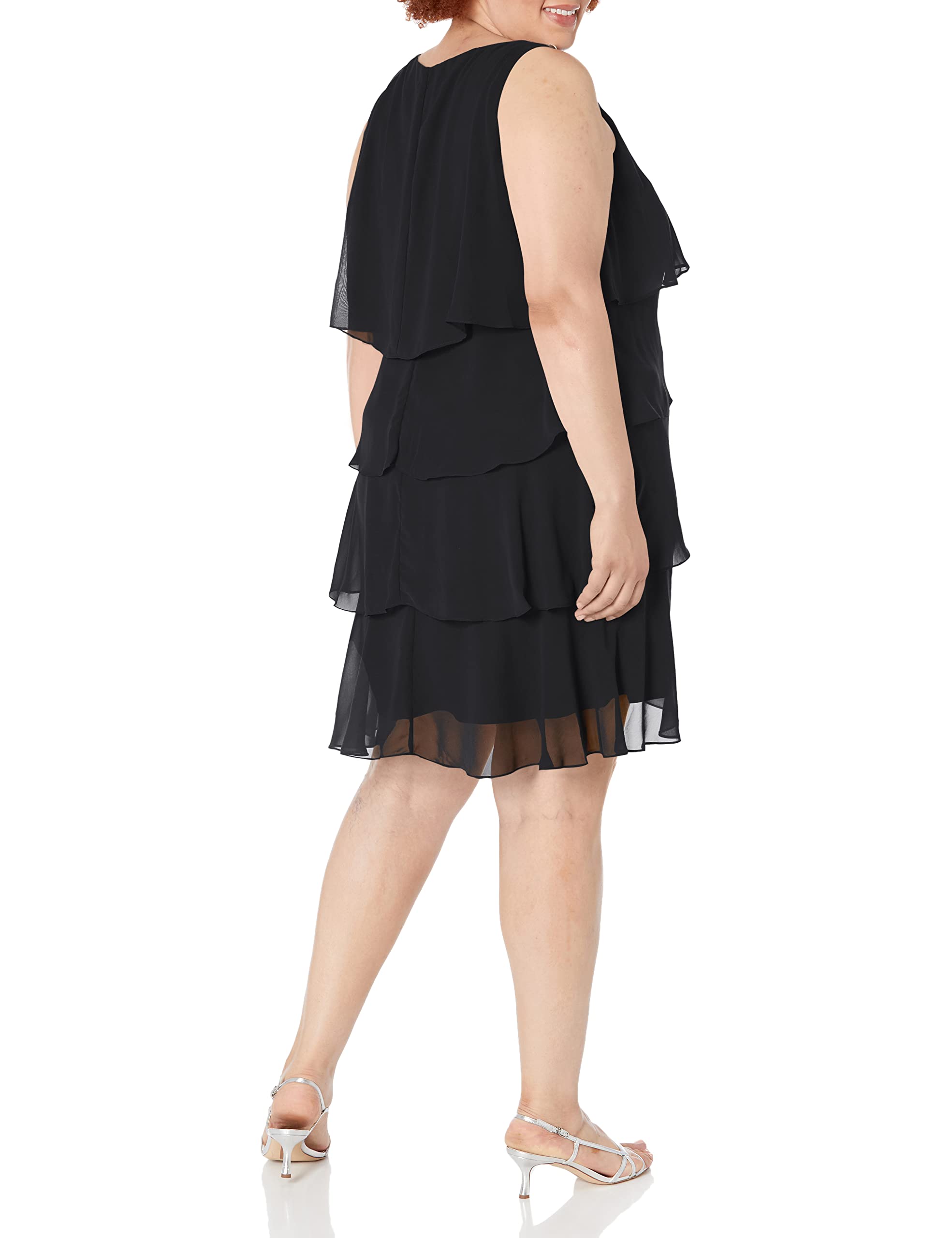 S.L. Fashions Women's Plus Size Solid Color Multi-Tier Embellished Shoulder Dress for Party, Wedding & Special Occasions