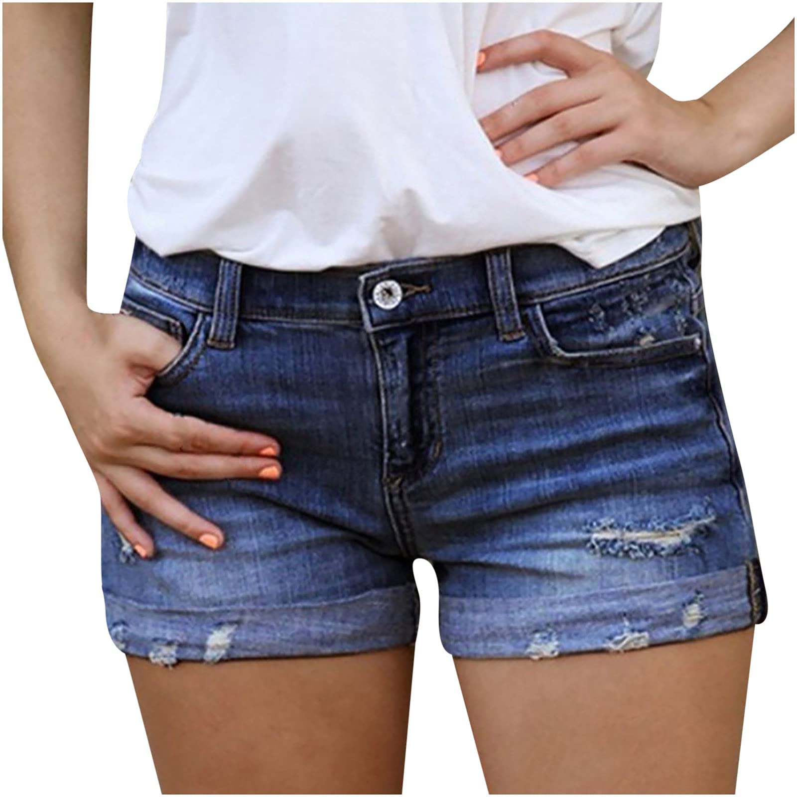 Vintage Women's Distressed Ripped Denim Shorts - Mid Rise Stretchy Slim Jean Shorts for Juniors | Casual Summer Wear, Beach Outings & Music Festivals
