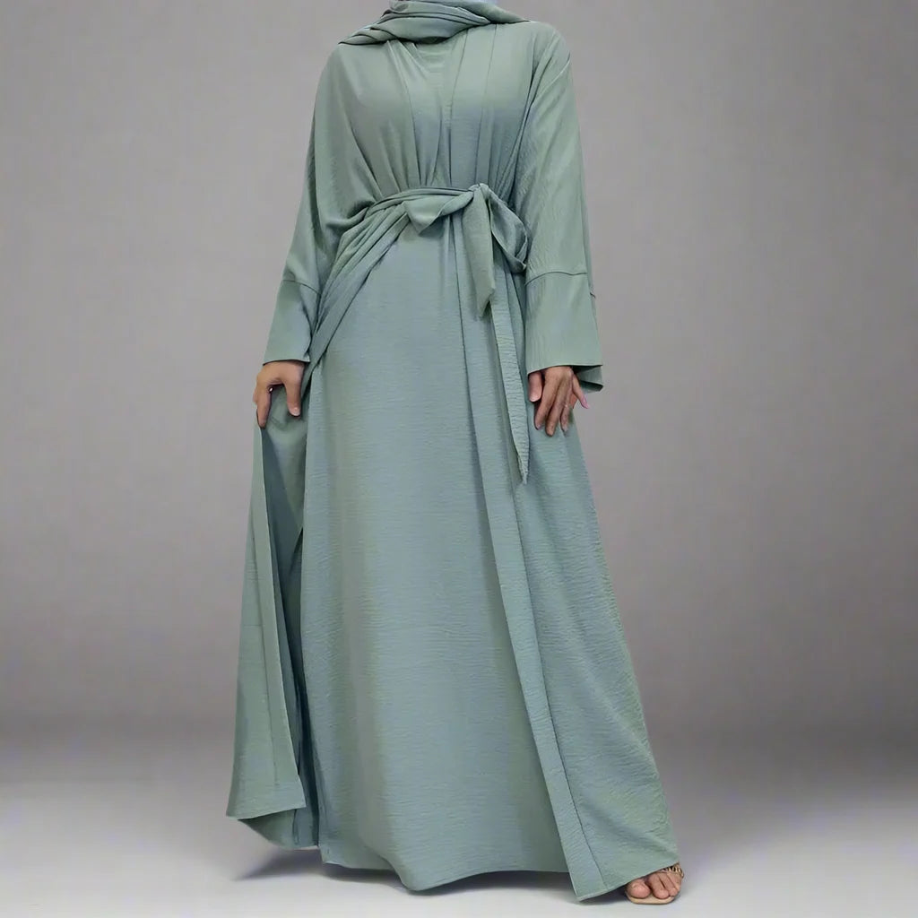 2-Piece Wrinkle-Free Abaya Dress Set - Open Abaya & Sleeveless Inner Dress for Muslim Women | Perfect for Prayer, Eid, and Special Occasions