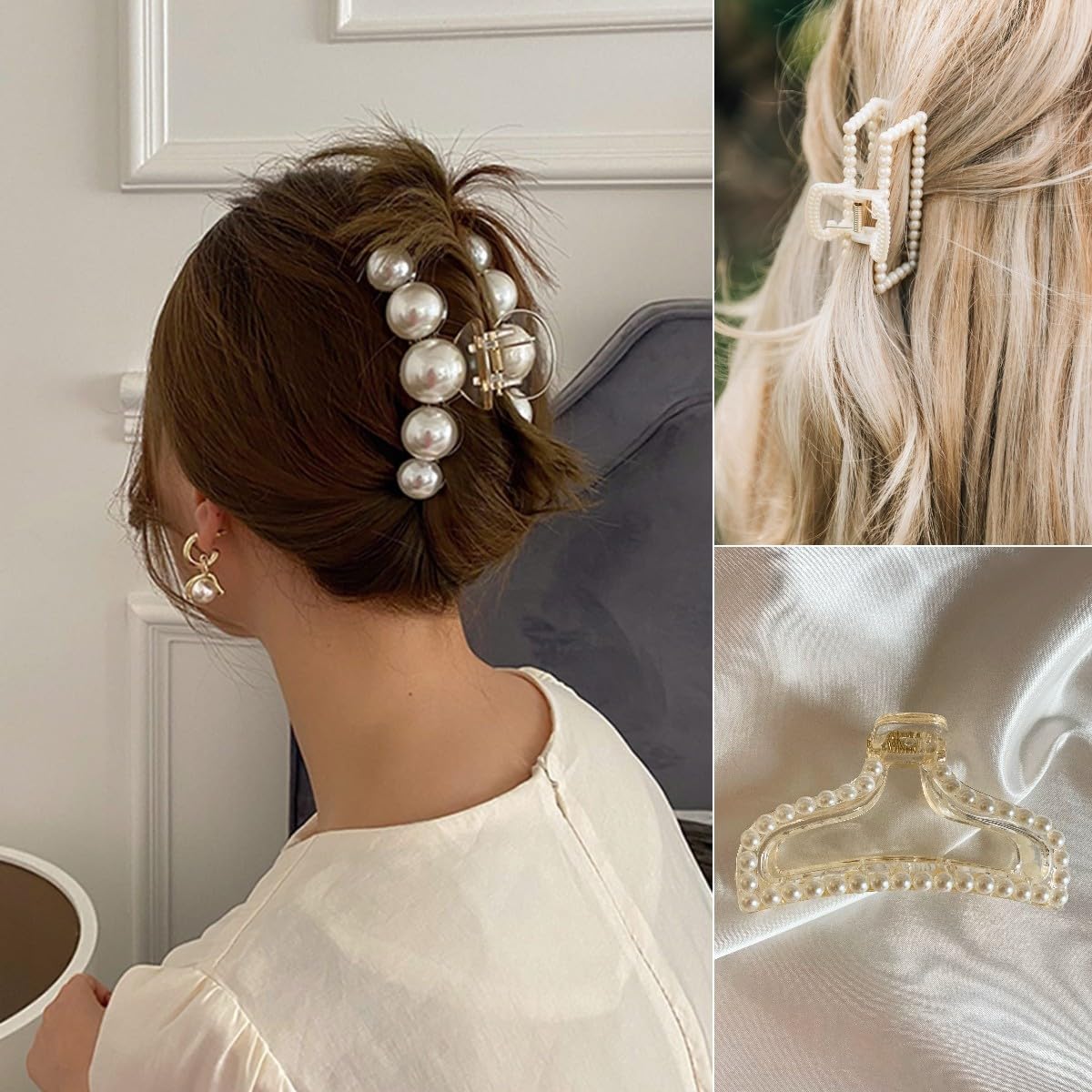 Leezmark Pearl Hair Claw Clips - Large Barrettes for Thin, Thick, Curly & Long Hair - White Jaw Clips Hair Accessories for Women & Girls - Perfect for Work, Weddings & Everyday Styling