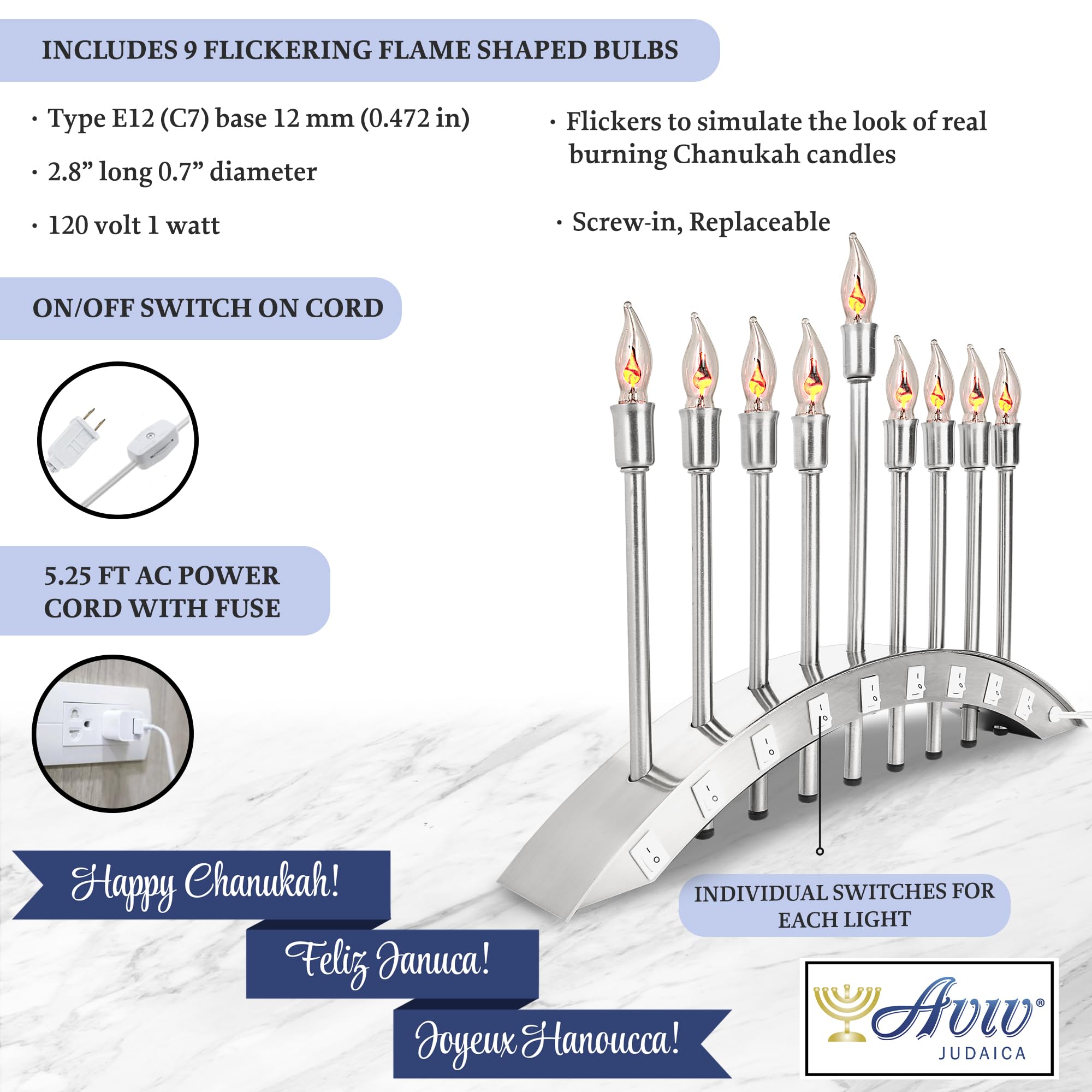 Hanukkah Electric Menorah - 9 Branch Hanukkiah with Flickering Flame LED Bulbs, Brushed Stainless Steel - Perfect for Home Decor, Jewish Holidays & Chanukah Celebrations by Aviv Judaica