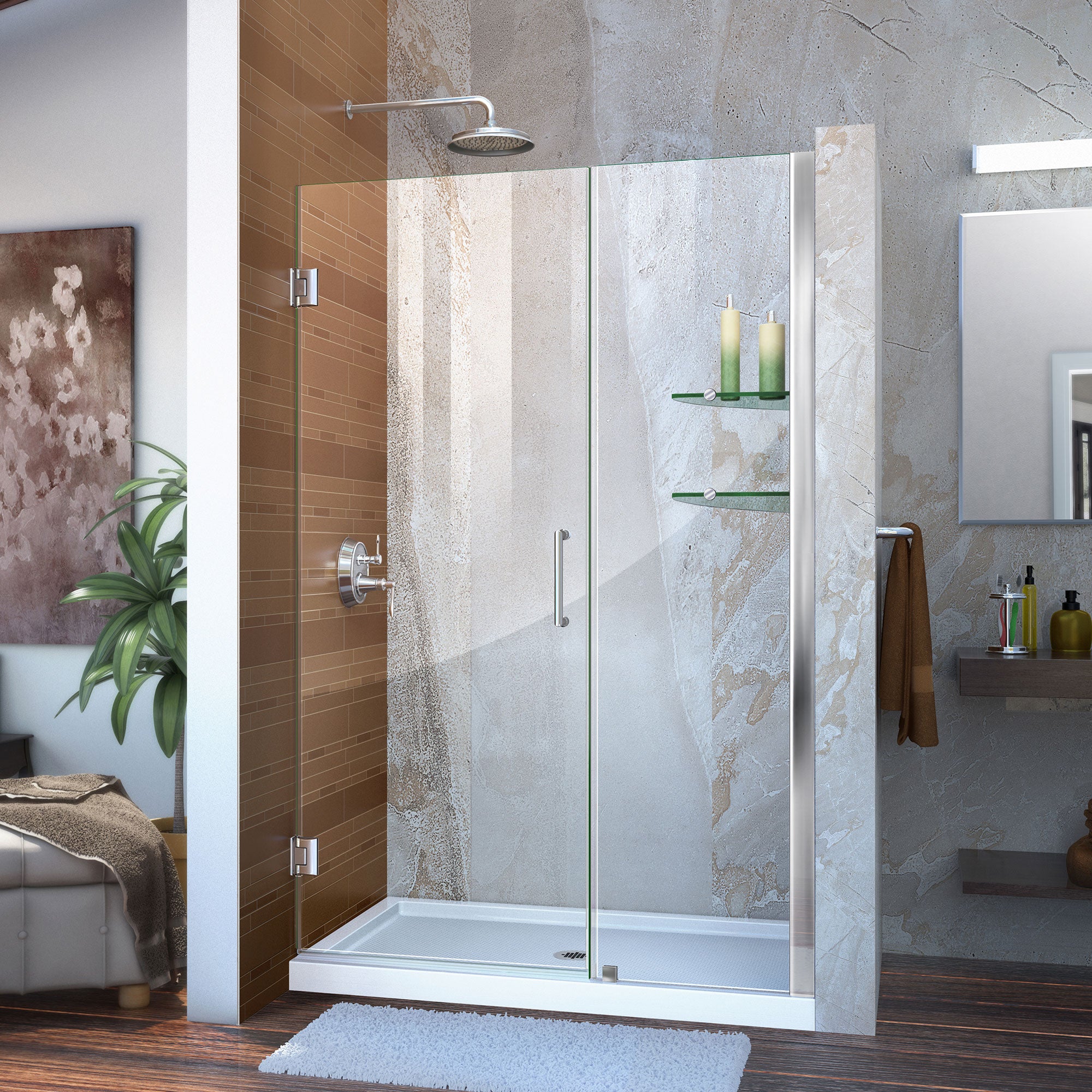 DreamLine Unidoor 48-49 Inch W x 72 Inch H Frameless Hinged Shower Door with Built-In Shelves - Clear Tempered Glass - Perfect for Modern Bathroom Renovations & Spa-Like Showers